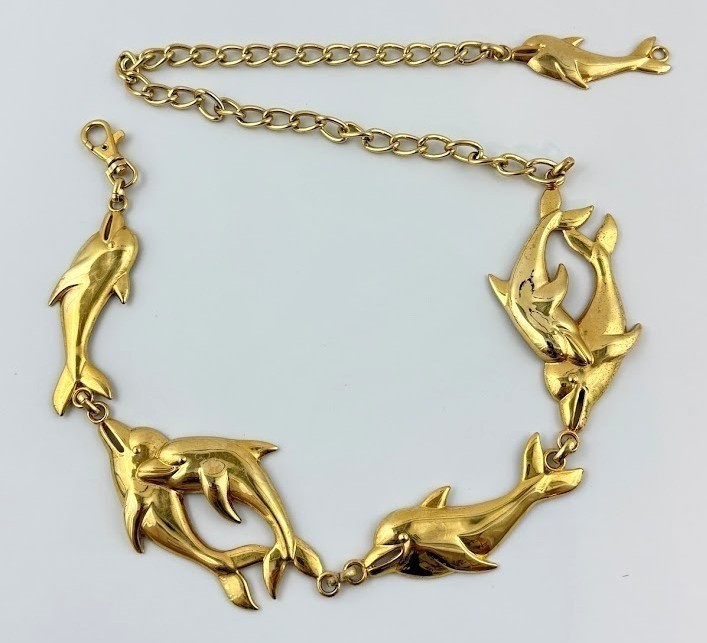 Vtg Gold Tone Dolphin Chain Belt Ocean Sea Life Adjustable Metal 38
