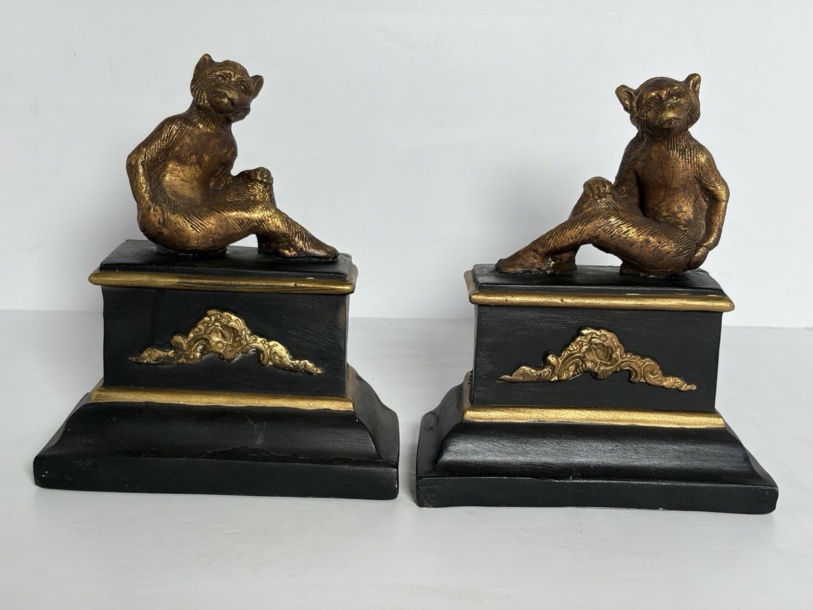 Sterling Industries Monkey Bookends Gold & Black Hollywood Regency Pair Vintage
