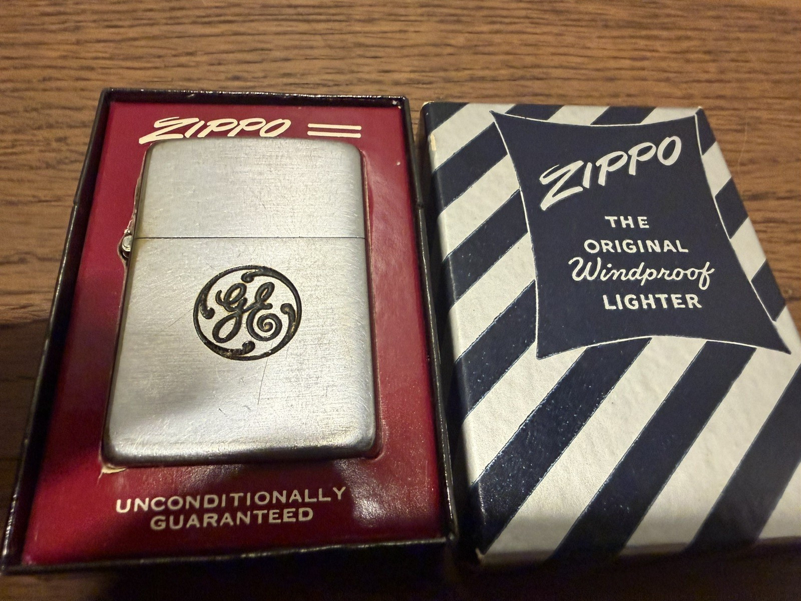 Vintage Zippo Lighter GE General Electric 1955 Black Silver Striped box 