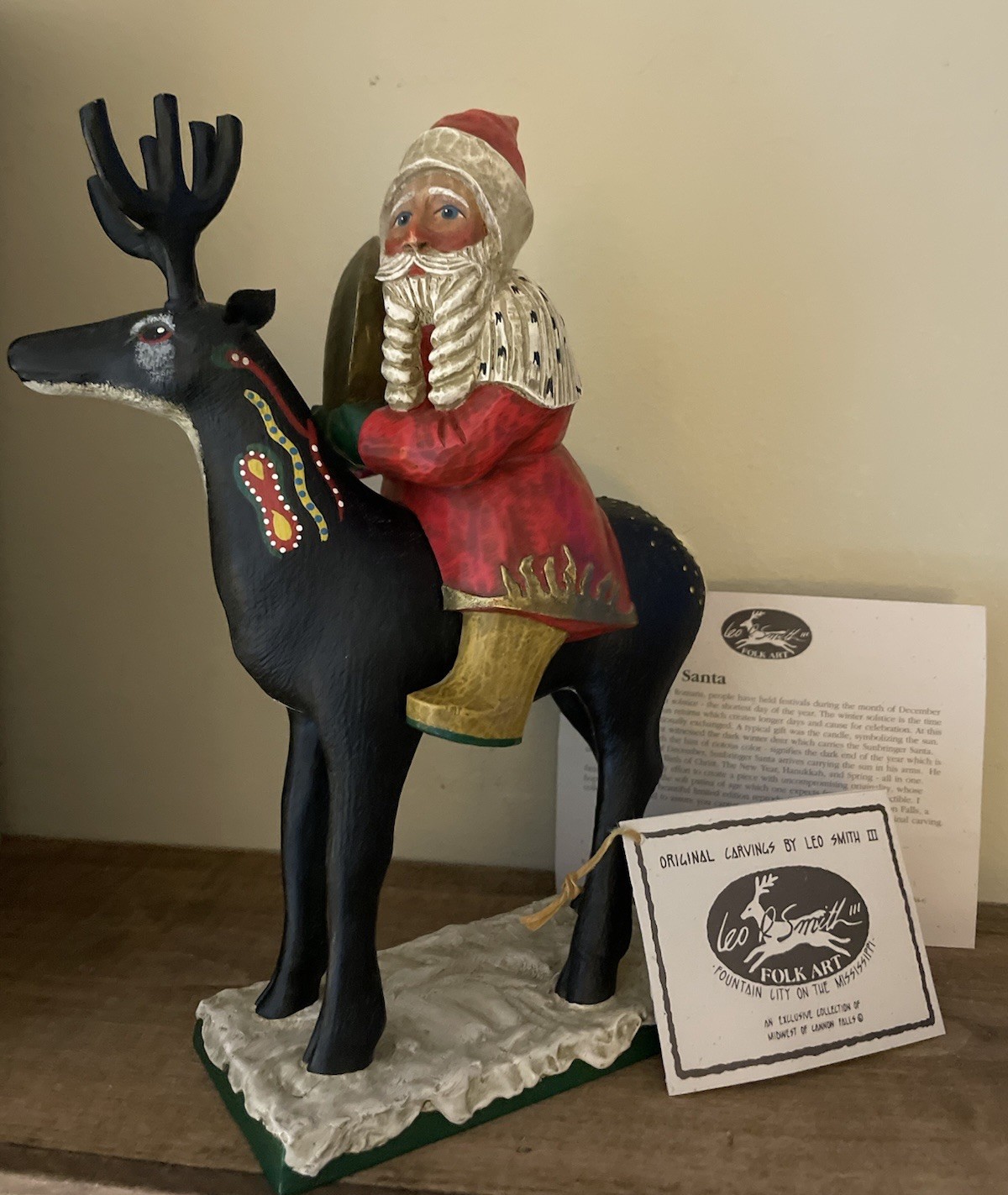 LEO SMITH FOLK SANTA DEER Sunbringer Santa Limited Edition 1380/1500 RARE 11”x8”