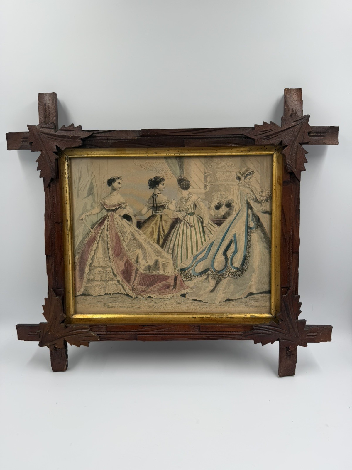 Antique Adirondack Leaf-Carved Wood Frame with Victorian Women\'s Fashion Print