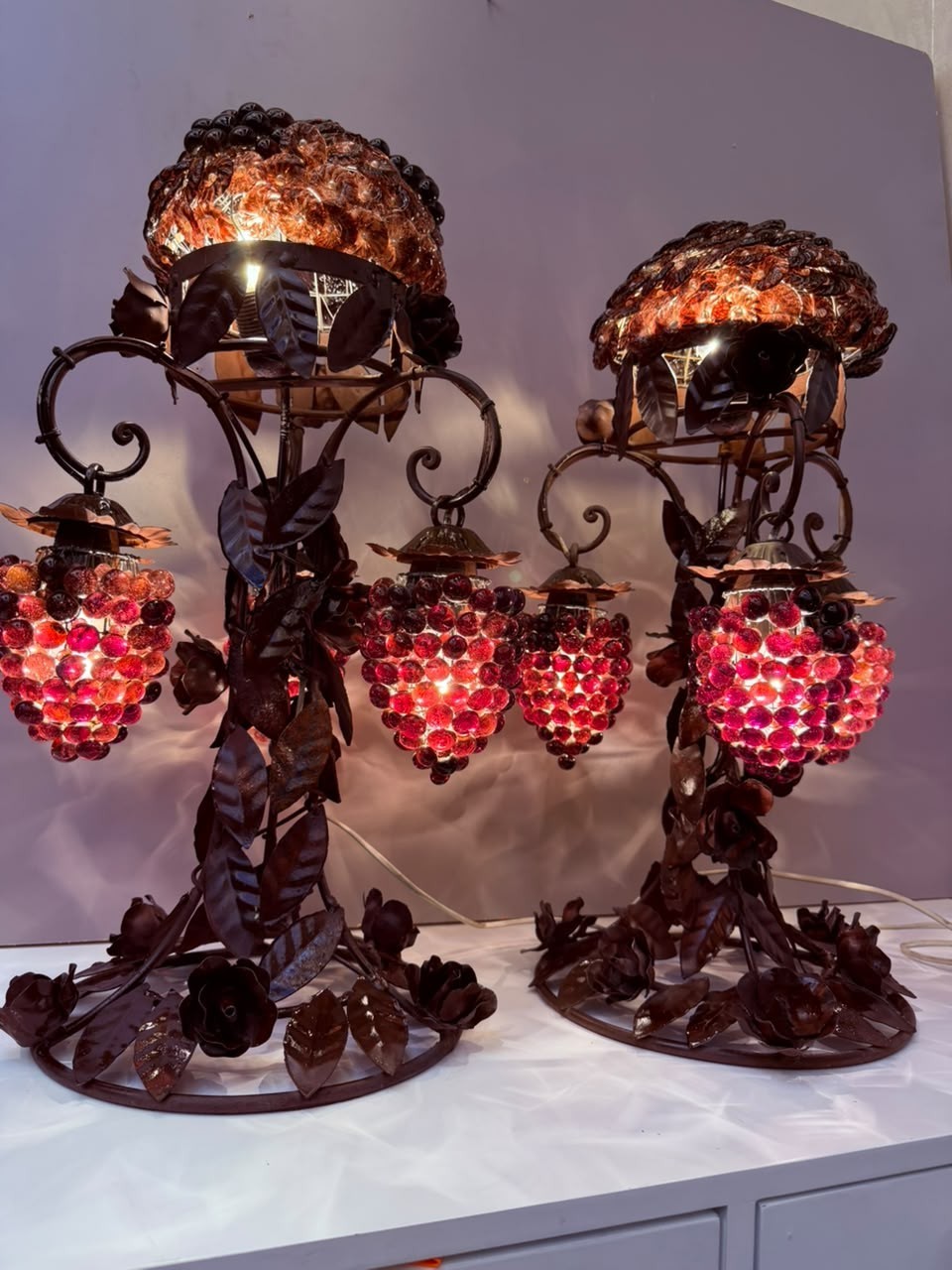 Vintage rare Pair of Italian Murano Grape Vine Table Lamps Art Nouveau 1970s