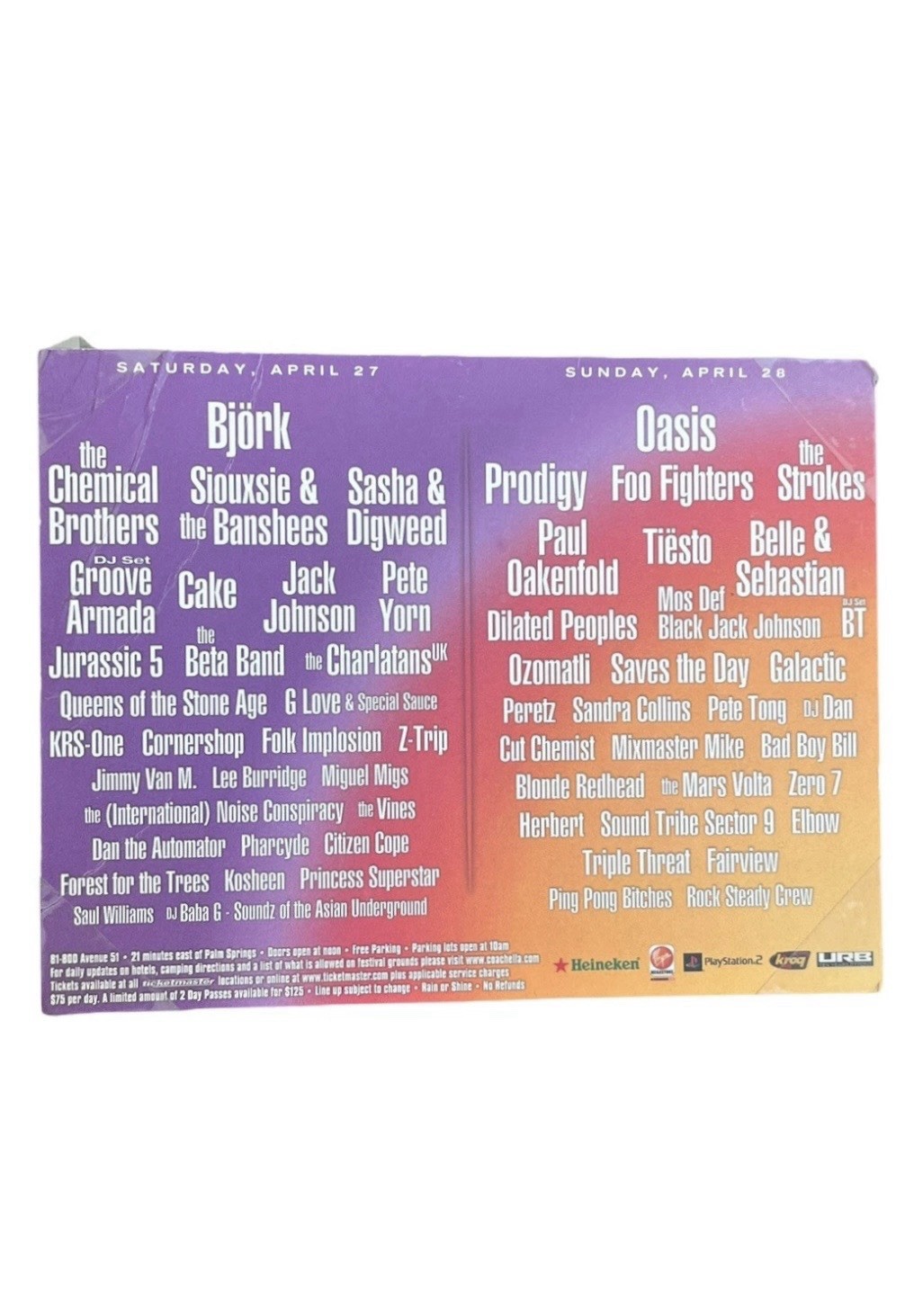 Coachella Festival 2002 Promo Card Björk Oasis Foo Fighters Chemical Bros VTG