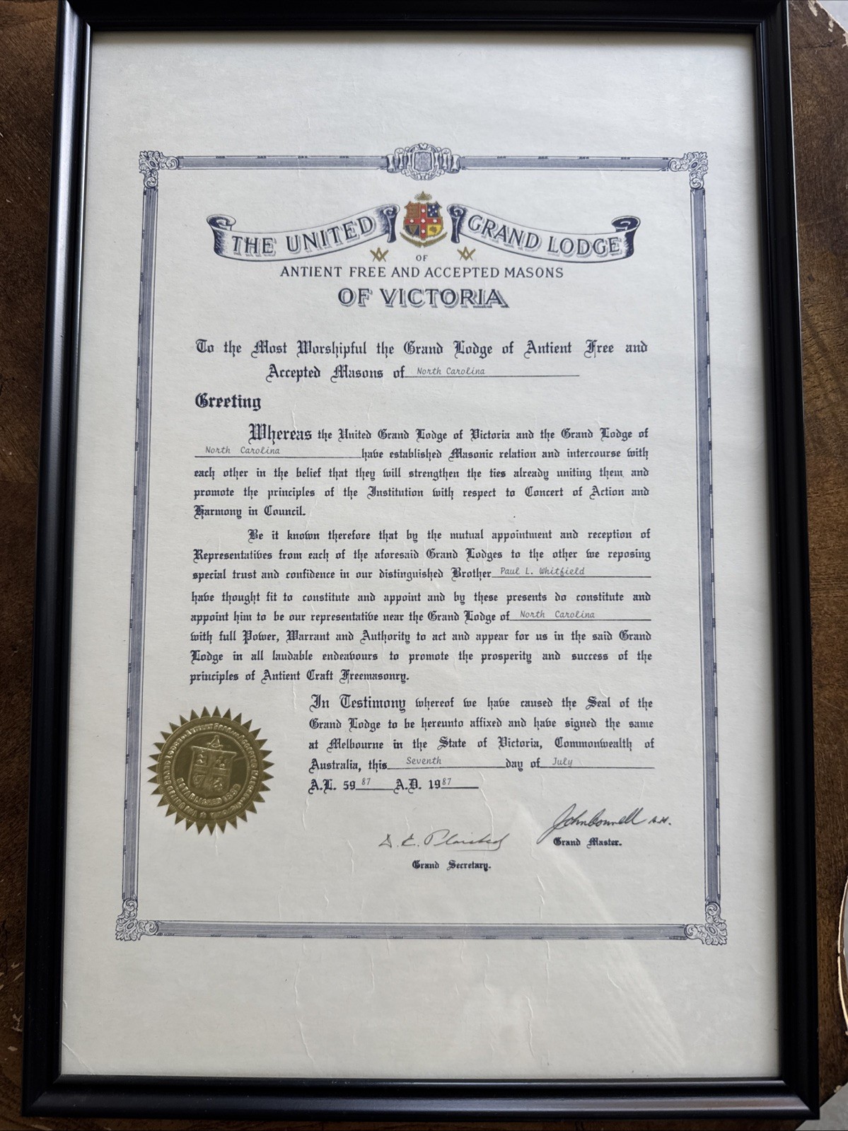 1987 Masonic Grand Lodge Certificate Framed Victoria to North Carolina