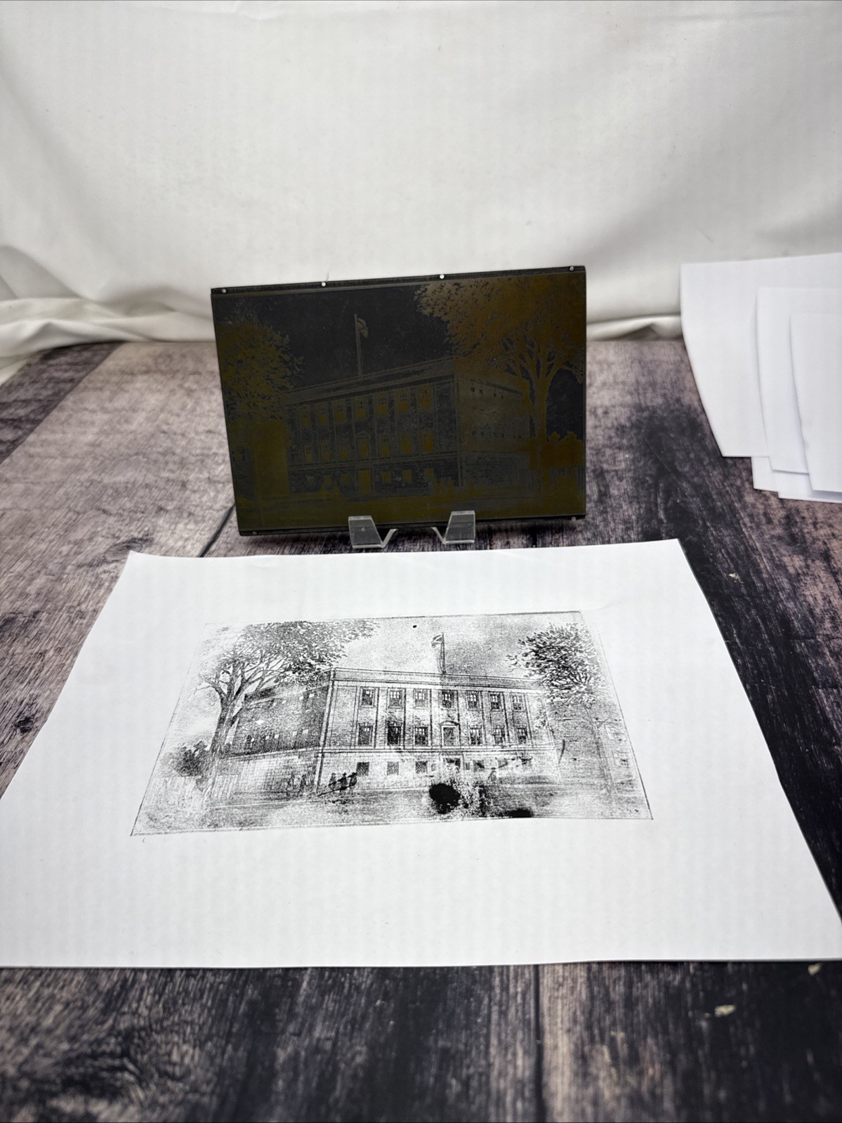 Vintage Printing Block Of A Southern Building With Confederate Building/Soldiers
