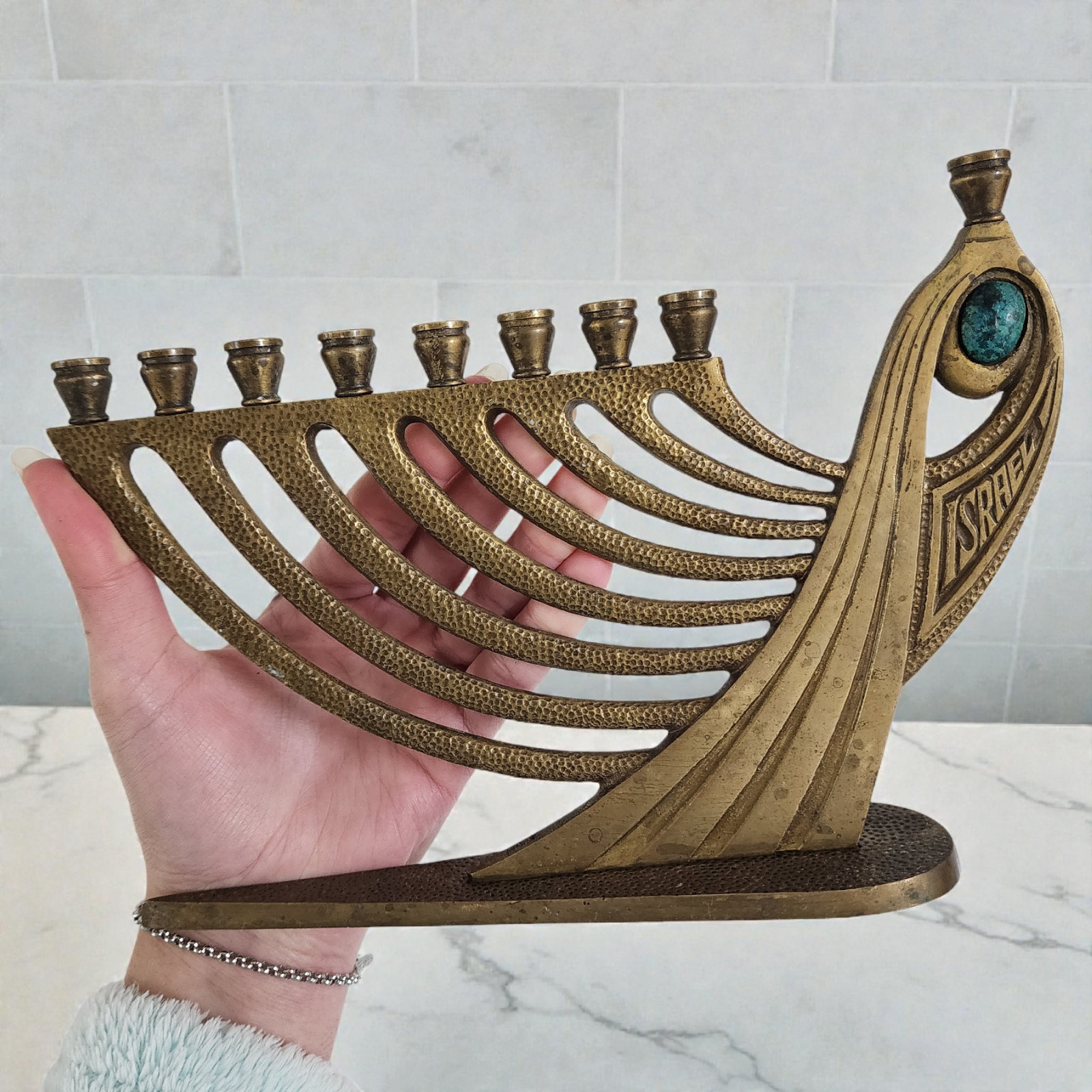 Vtg Tamar Israel Brass Menorah Hanukkiah Eilat Stone Mid Century Judaica 1969 Vtg Tamar Israel Brass Menorah Hanukkiah Eilat Stone Mid Century Judaica 1969