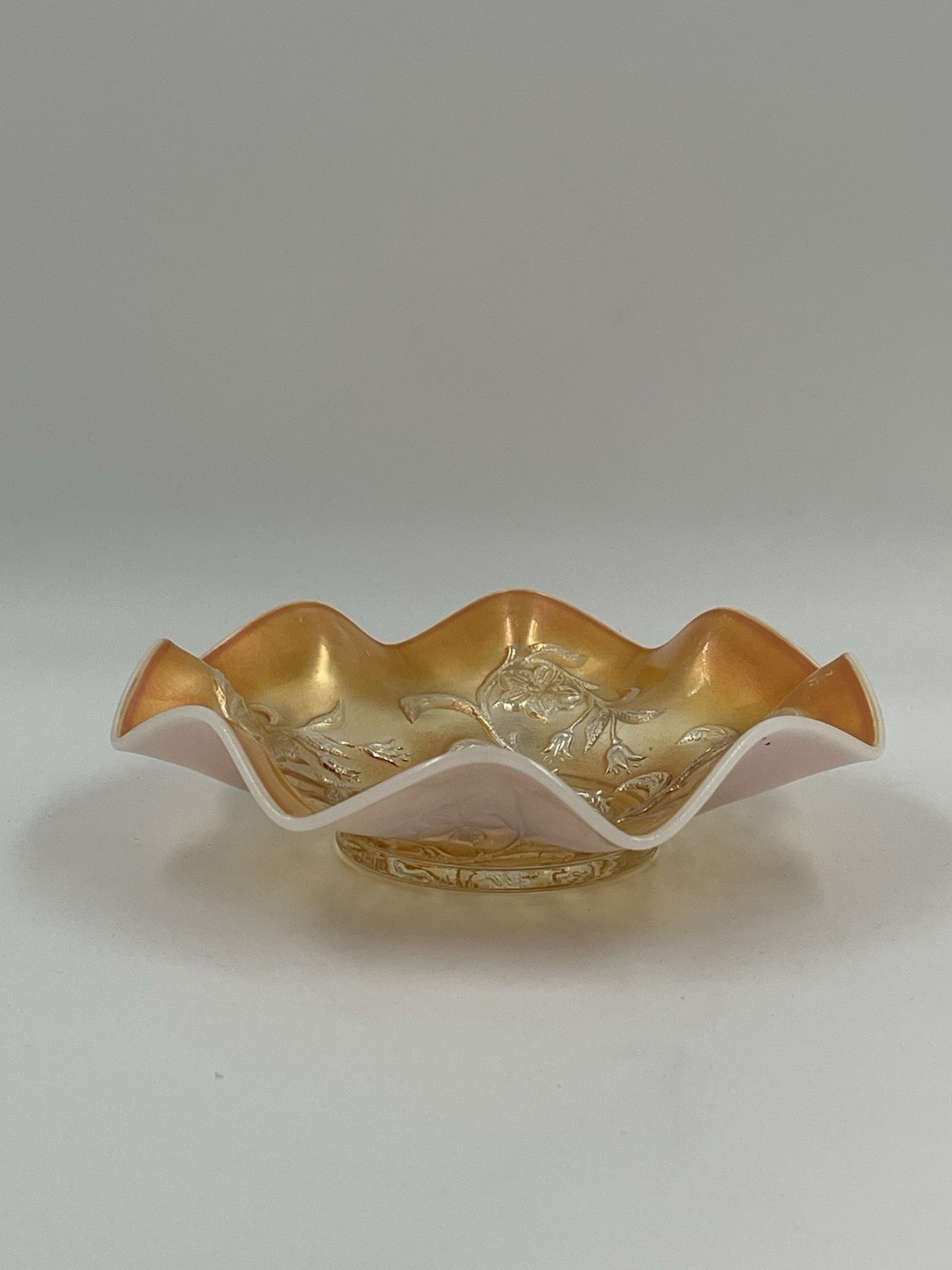 Vintage Opalescent Marigold Ruffled Edge Floral Design Dish