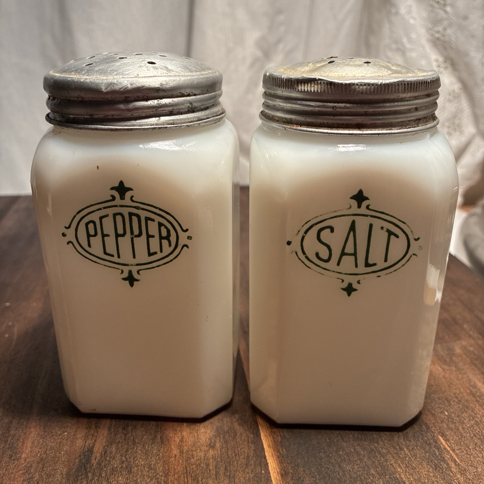 Vintage Hazel Atlas Milk Glass Green Shield Salt & Pepper Shakers