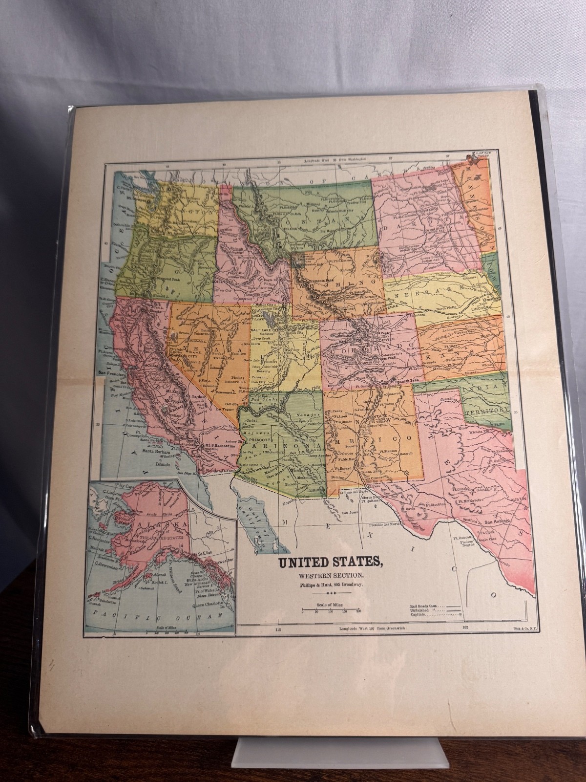Antique United States Western Section Map Alaska Inset Phillips & Hunt Atlas
