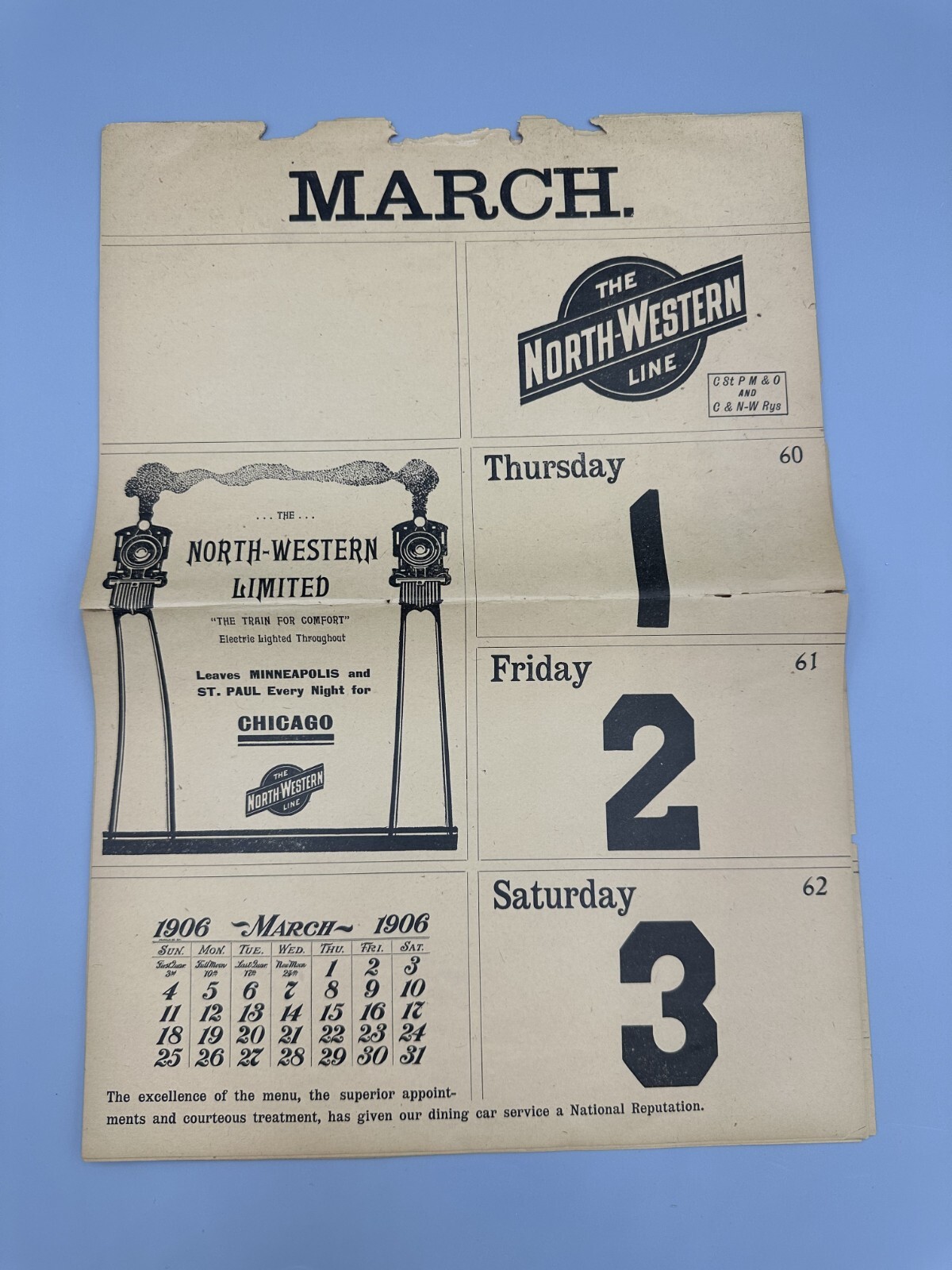 1906 CHICAGO NORTH WESTERN Railway RAILROAD DEPOT Calendar Complete MARCH Antque