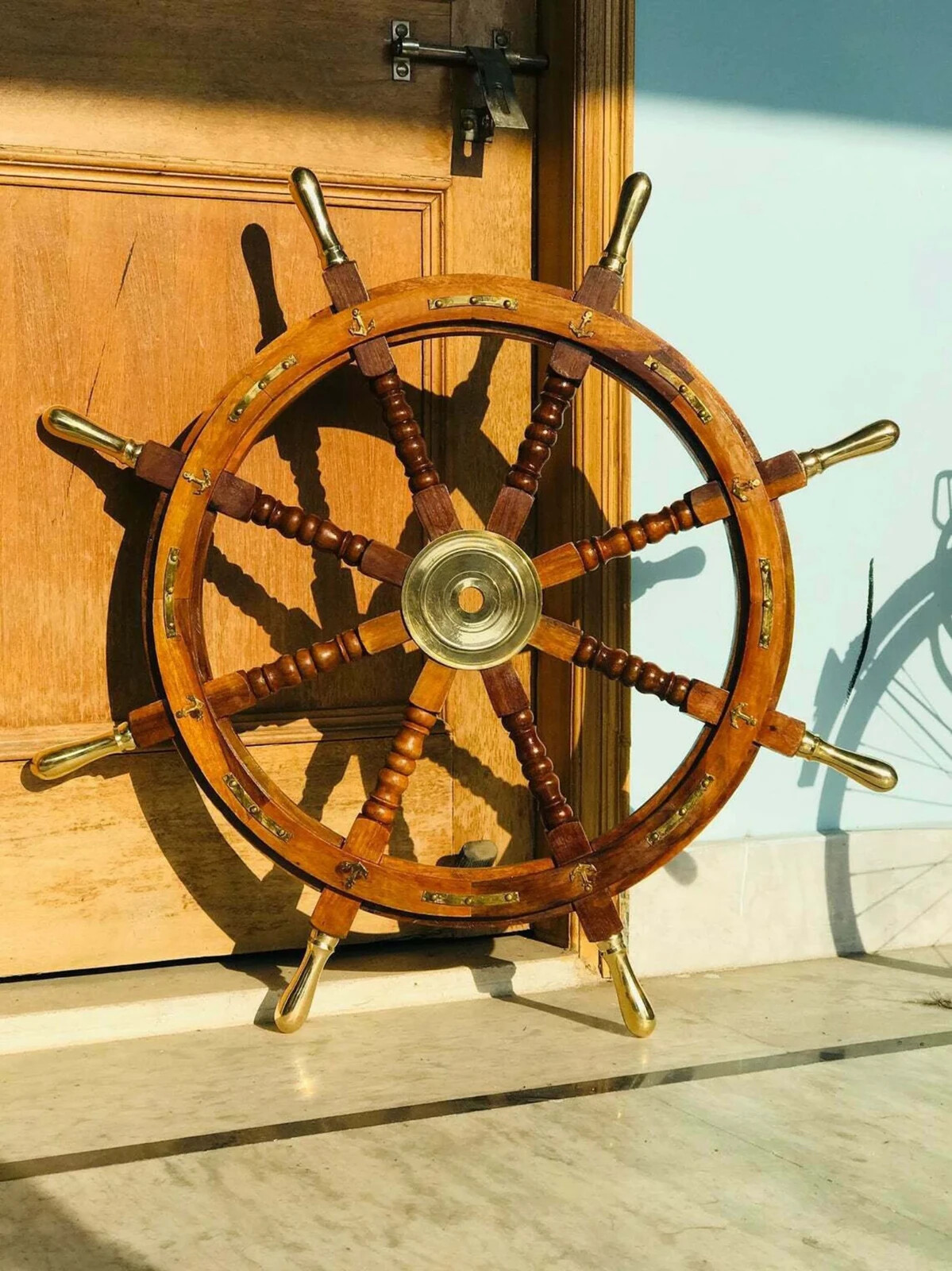 wonderful Large 36'' ANCHOR BRASS Wooden Wheel Captain Boat Gaston Turcotte Pira