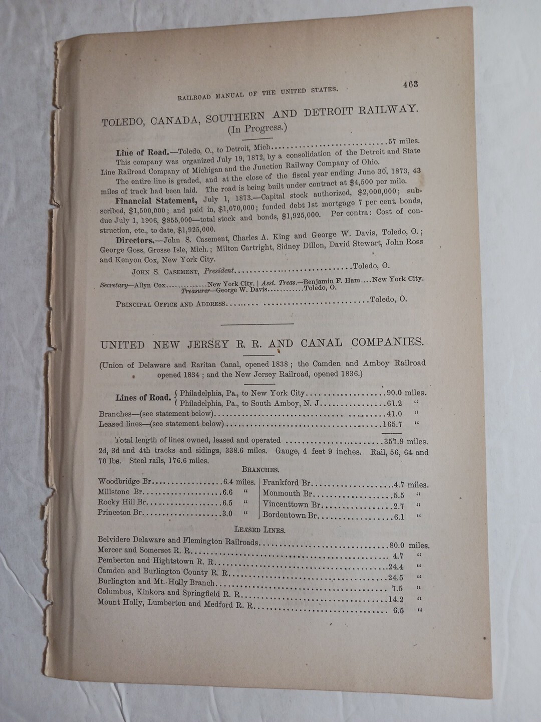 1875 Train Report UNITED NEW JERSEY RAILROAD & CANAL COMPANIES branches & Leased