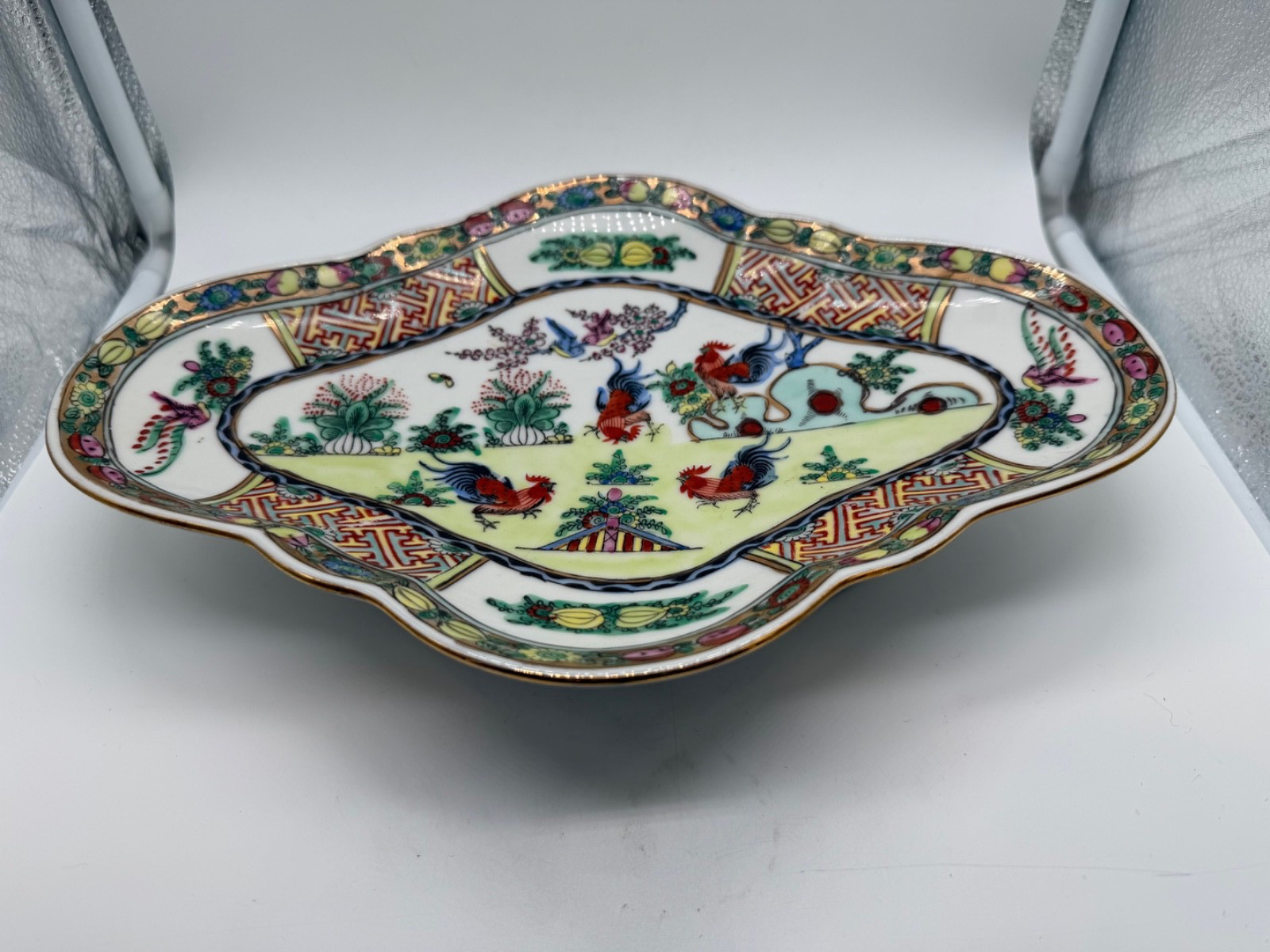 Vintage Hong Kong Porcelain Quatrefoil Plate Tazza Dish w/ Roosters Decoration