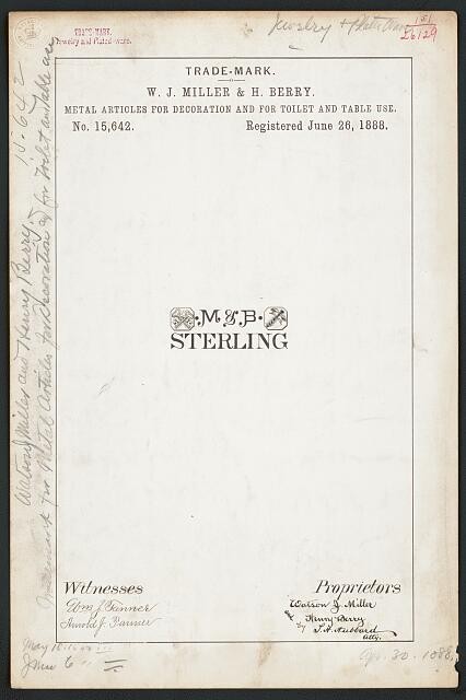 1888 Trade Mark Registration M&B Sterling Metal Articles W J Miller H Berry