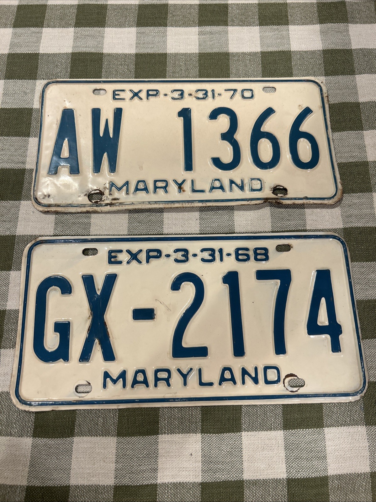 Maryland License Plate Pair, Vintage 1968, 1970