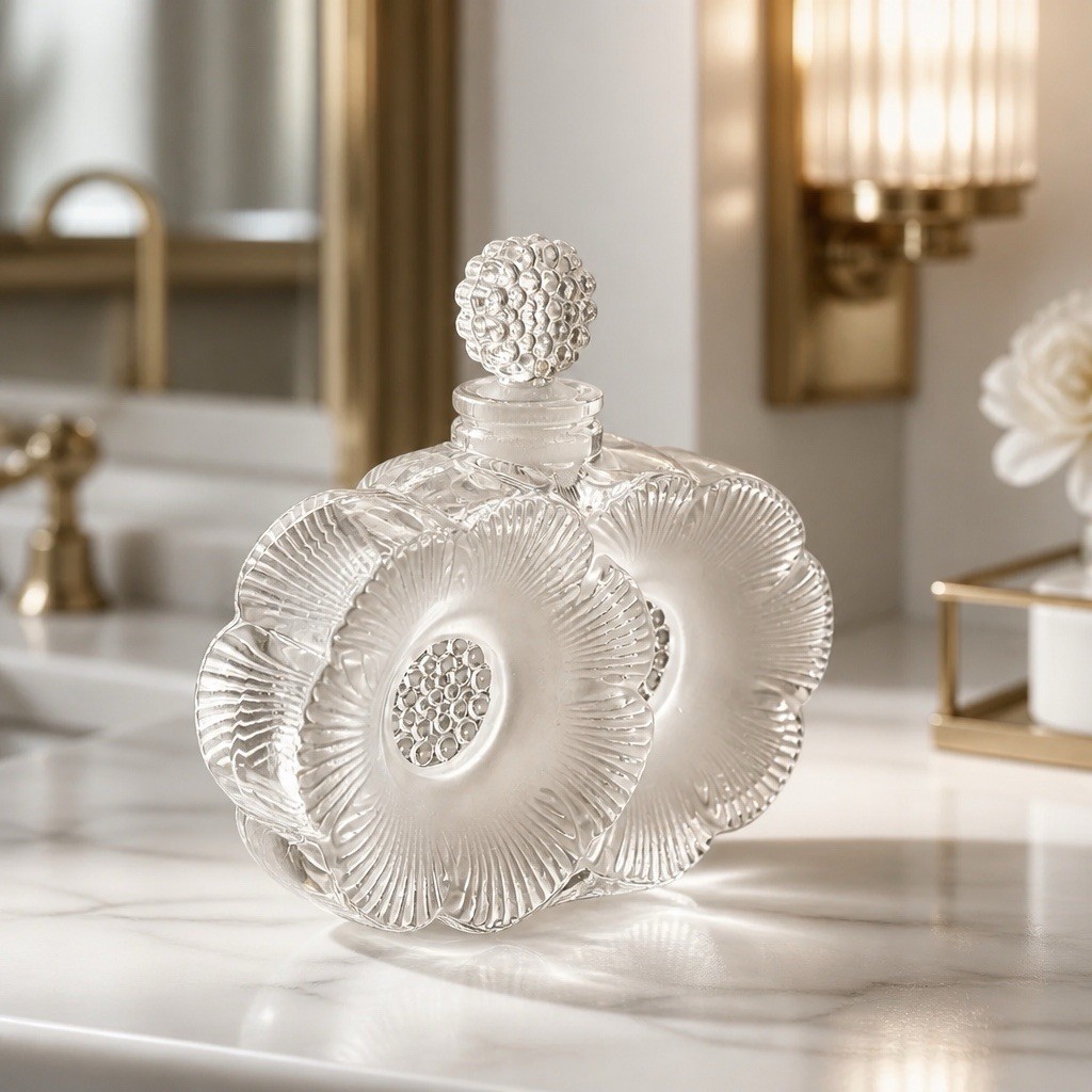 A Vintage Lalique Frosted Glass \'Deux Fleurs\' Perfume Bottle W/Stopper Signed