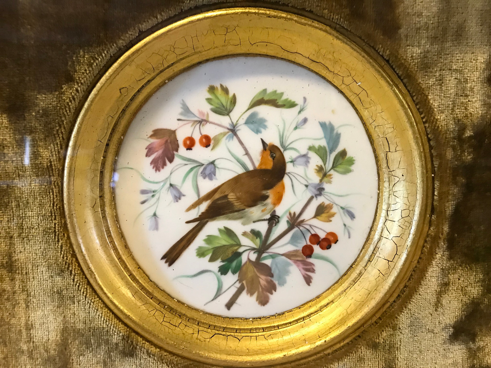 Antique 1800’s European German Framed Porcelain Plaque Painted Bird Floral Dec.