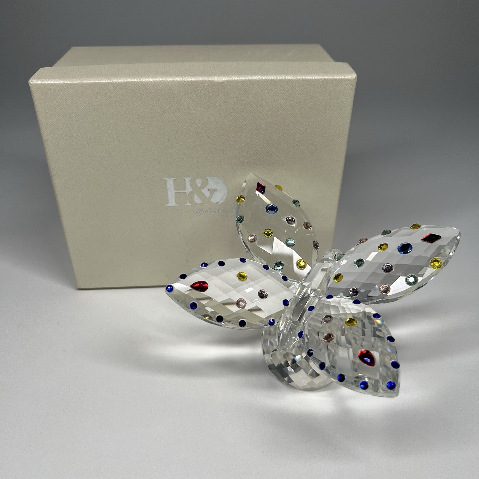 H&D Crystal Butterfly Figurine Multicolor Rhinestones with Box