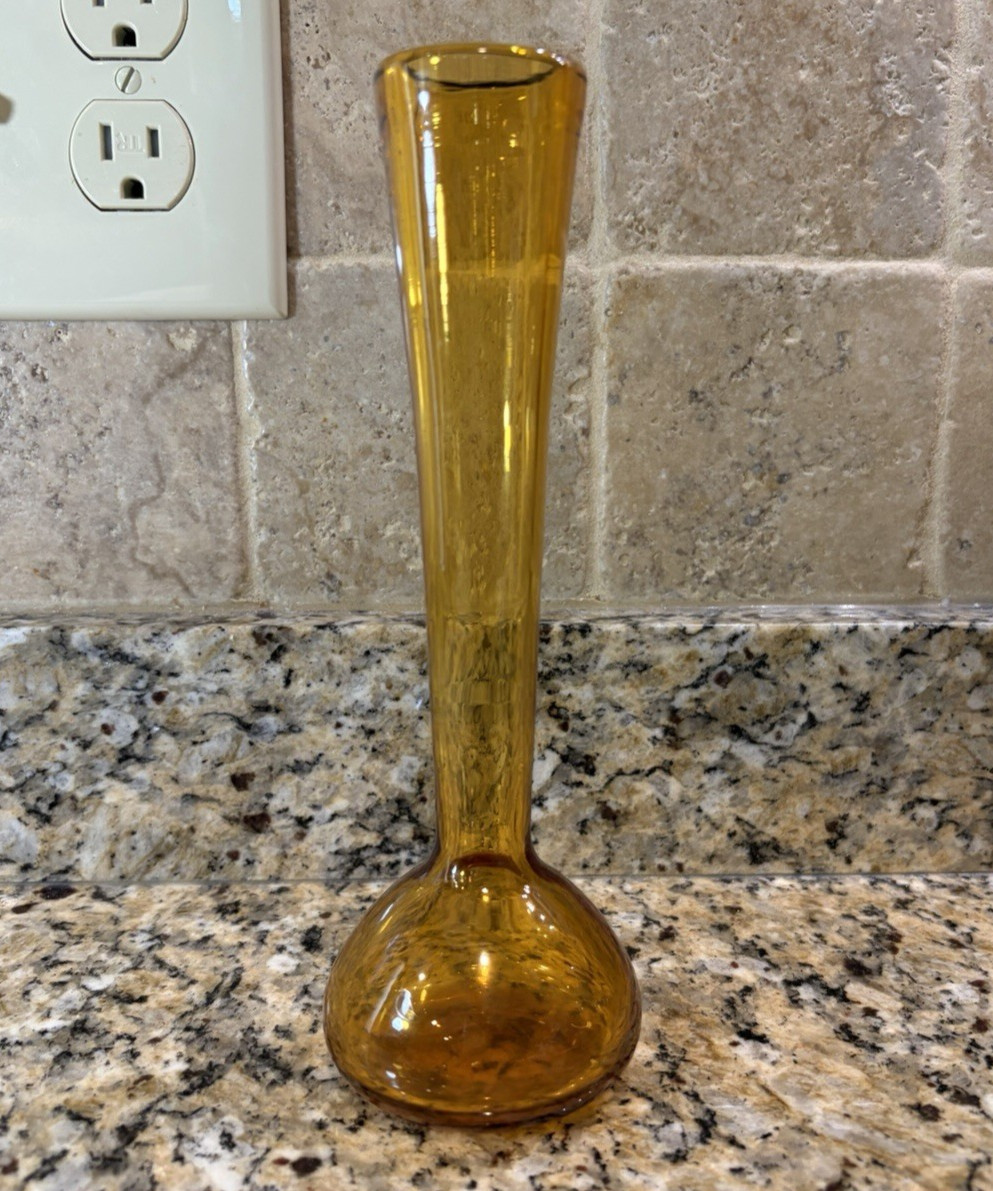 Vintage MCM Amber Glass Bud Vase Bulbous Base Long Neck 8\