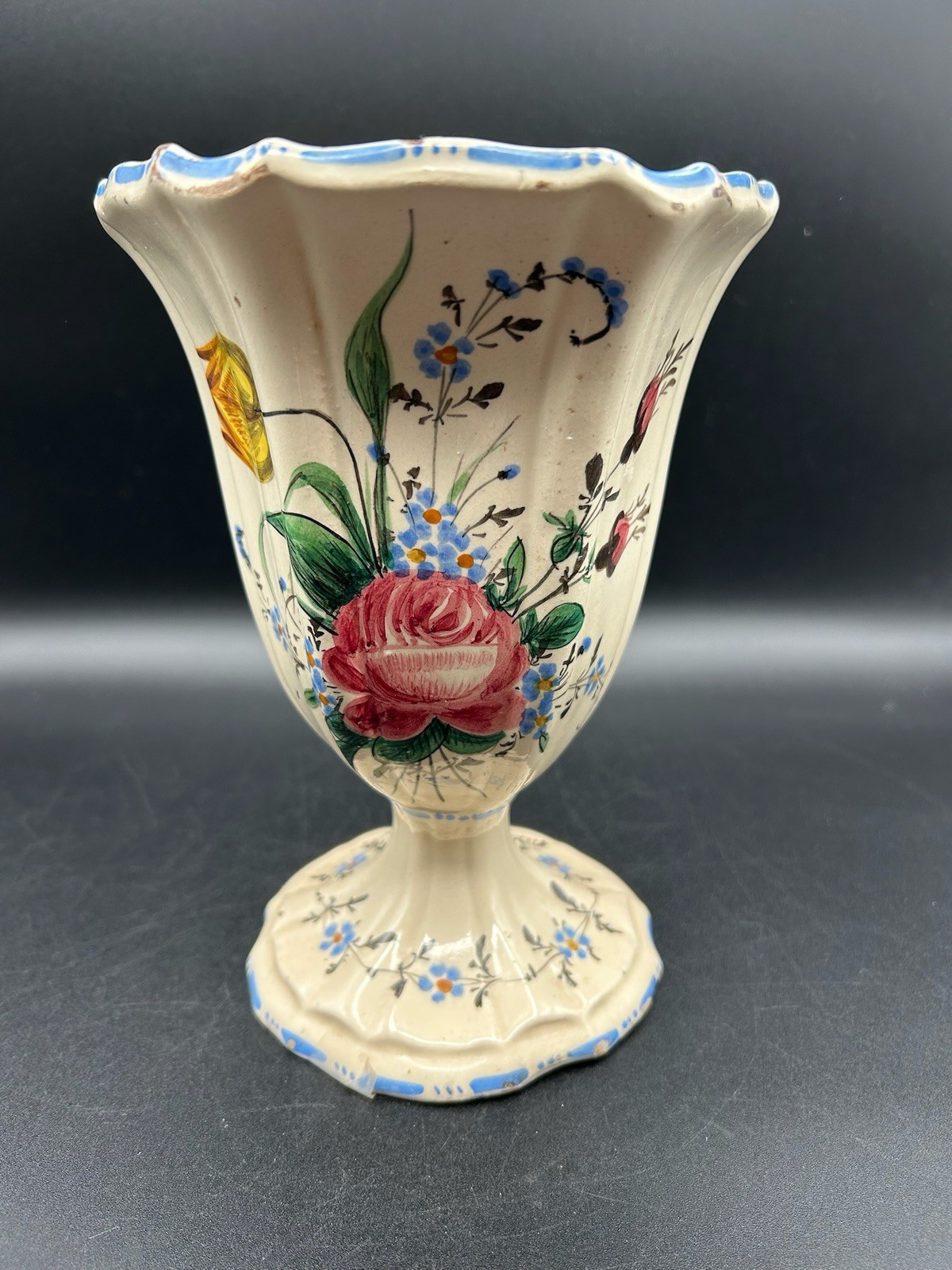 VTG Italian Majolica Floral Pedestal Vase Hand Painted Signed Italy AD