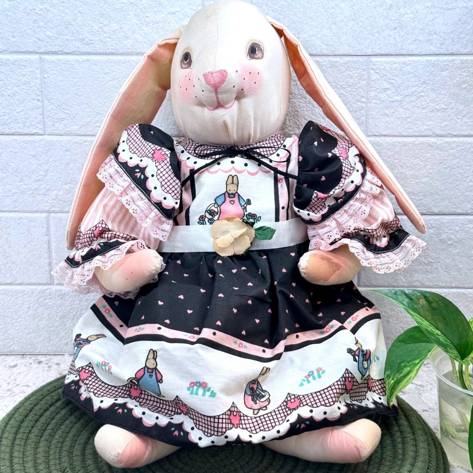 Vintage Daisy Kingdom Easter Bunny Plush Cottagecore Rabbit Pink Black Dress