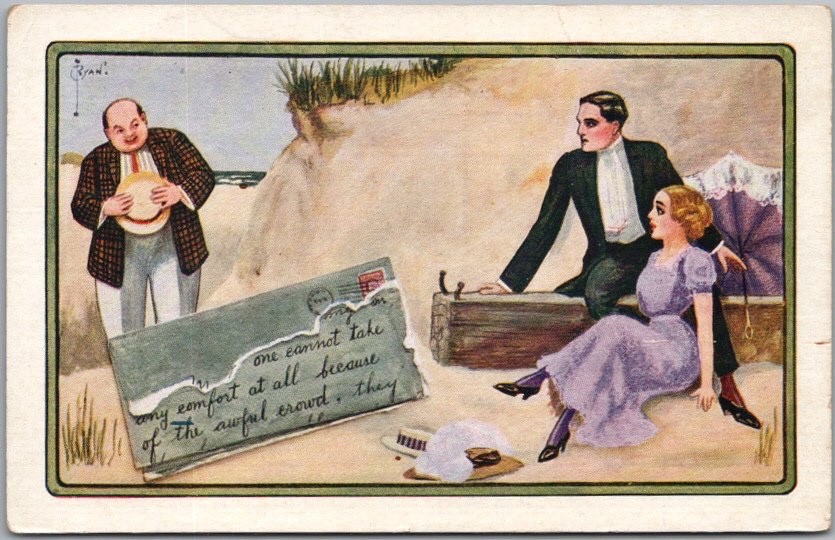 Vintage 1910s Romance Greetings Postcard Couple on Beach / Artist-Signed RYAN