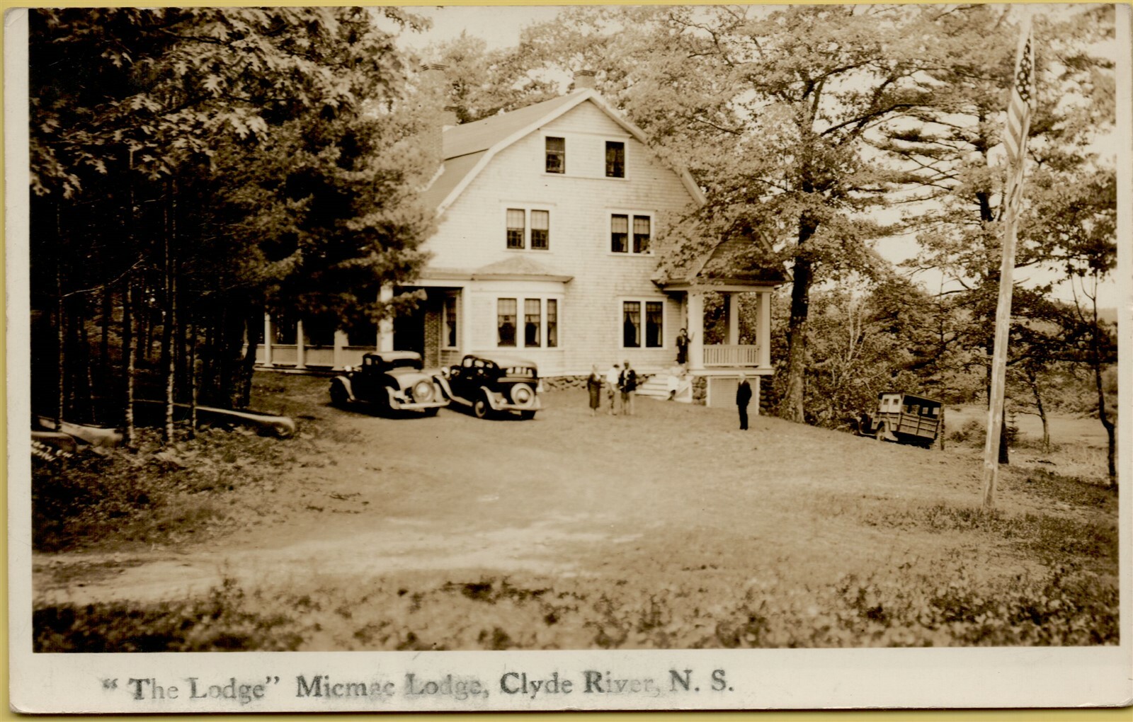 1938 Micmac Lodge Exterior Cars Clyde River N.S. Canada RPPC Photo Postcard C47