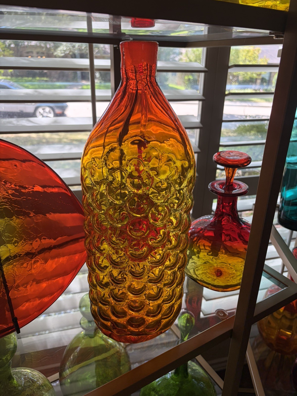 Vintage Blenko #6037 Vineyard Decanter by Wayne Husted in Tangerine. Large