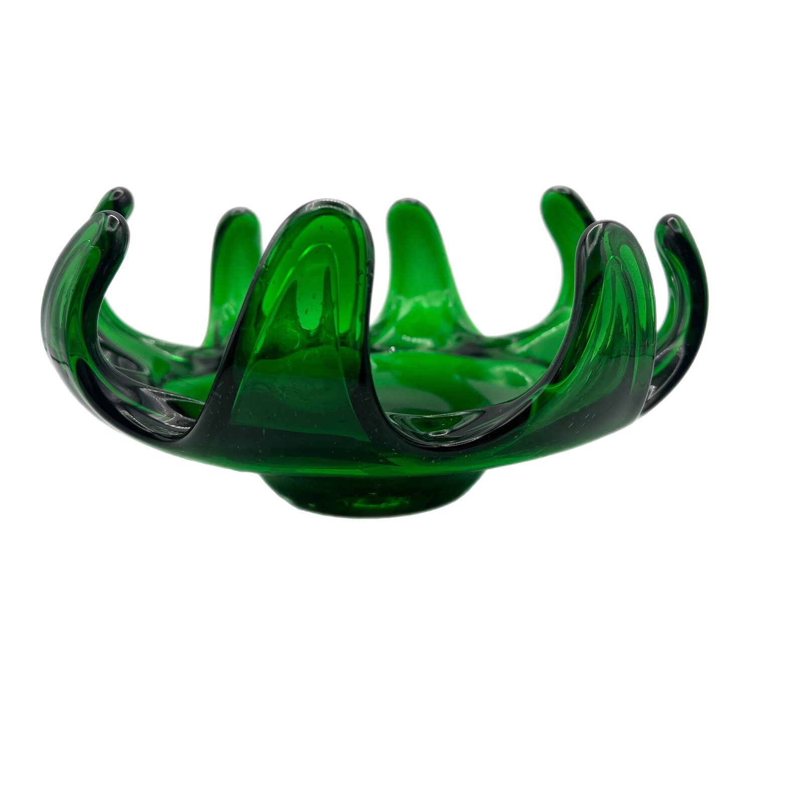 Vintage Emerald Green Glass Open Compote Crackle Design Footed 8 Petal MCM Bowl Vintage Emerald Green Glass Open Compote Crackle Design Footed 8 Petal MCM Bowl