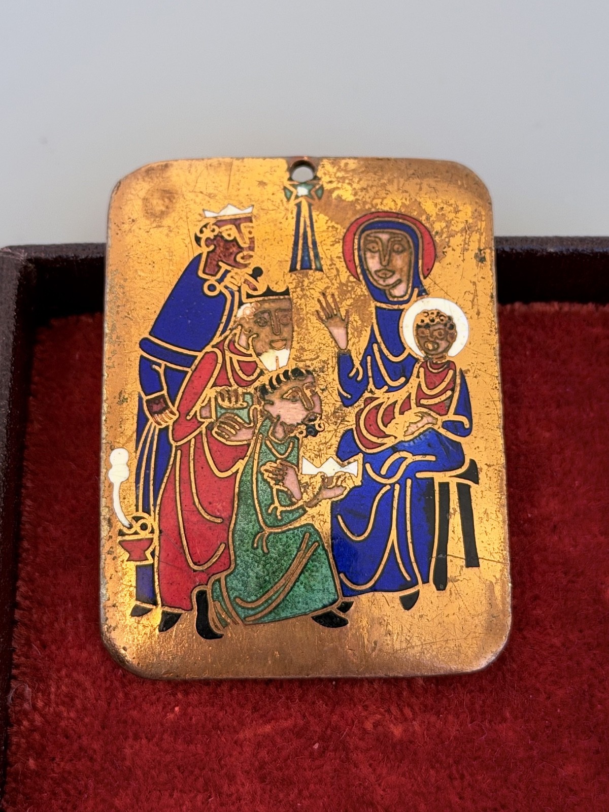 Antique Limoges Style Champleve Enamel Plaque Adoration the Magi Nativity Icon