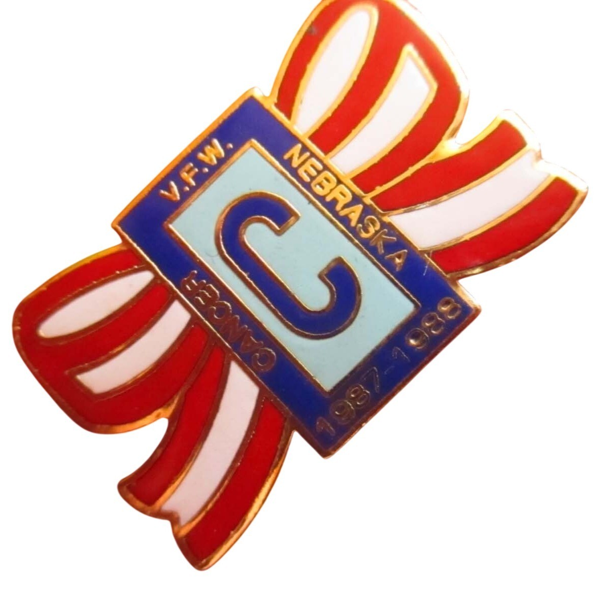 NEW NOS V.F.W. NEBRASKA Vtg 1988 ENAMELED LARGE CANCER RIBBON FLAG PIN