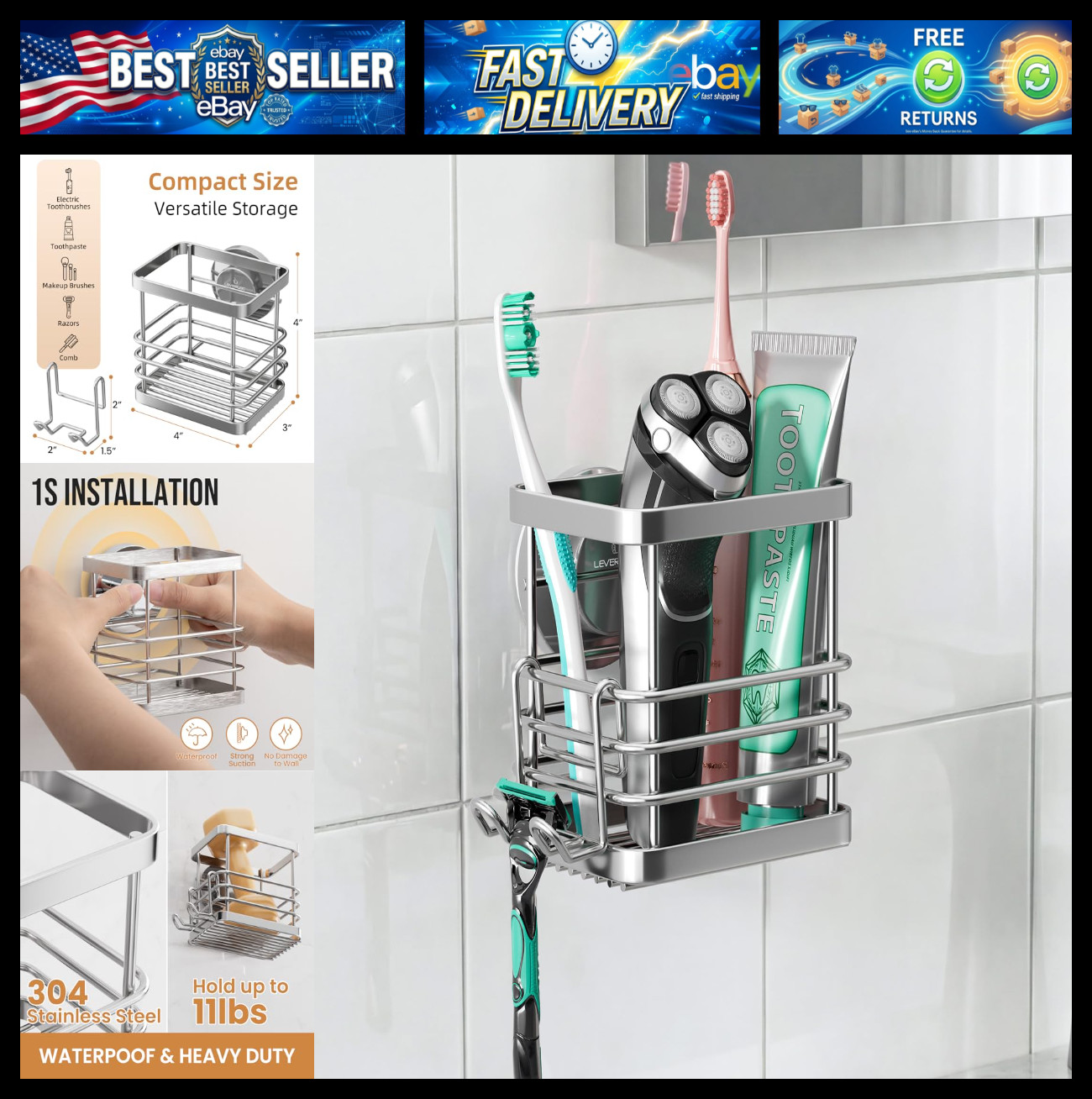Powerful Suction Cup Stainless Steel Toothbrush Holders, Silver
