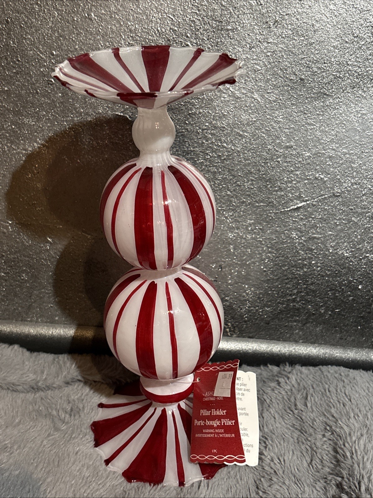 Ashland Peppermint Candy Cane Christmas Candle Pillar Holder Fragile Handpainted