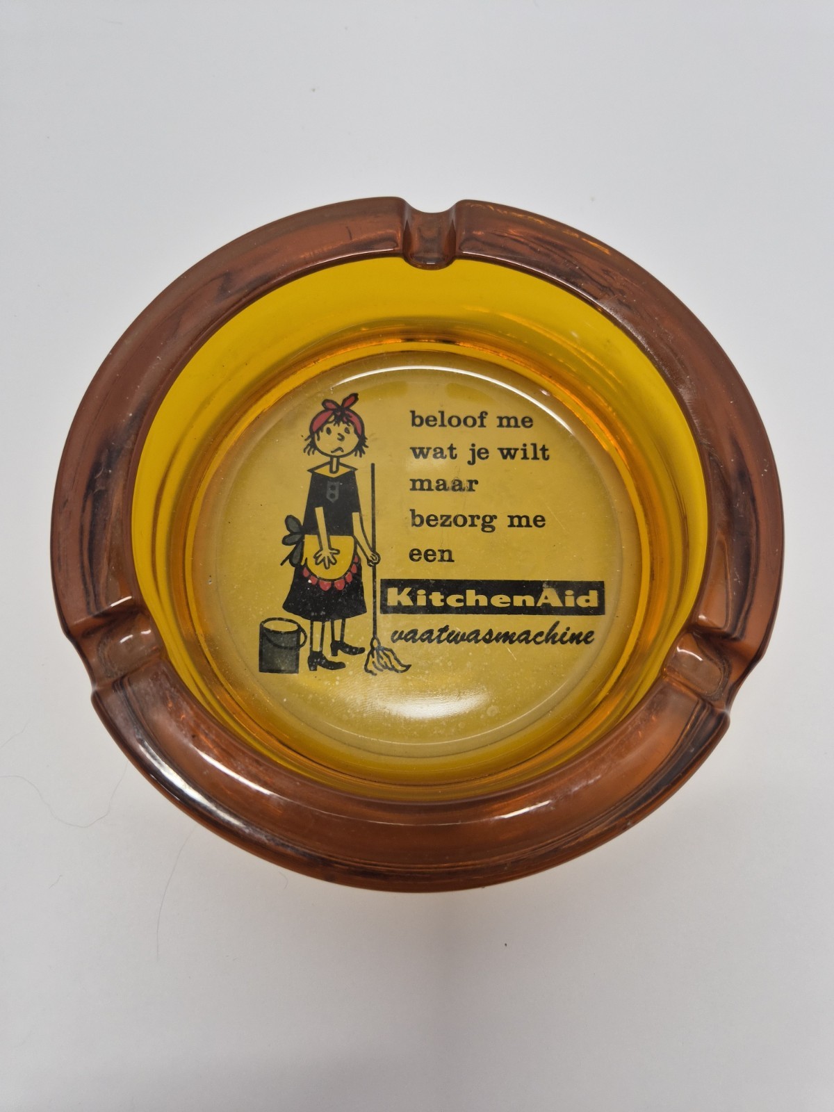 Vintage KitchenAid Advertising Ashtray Amber Glass Dishwasher Dutch Housewife 7\
