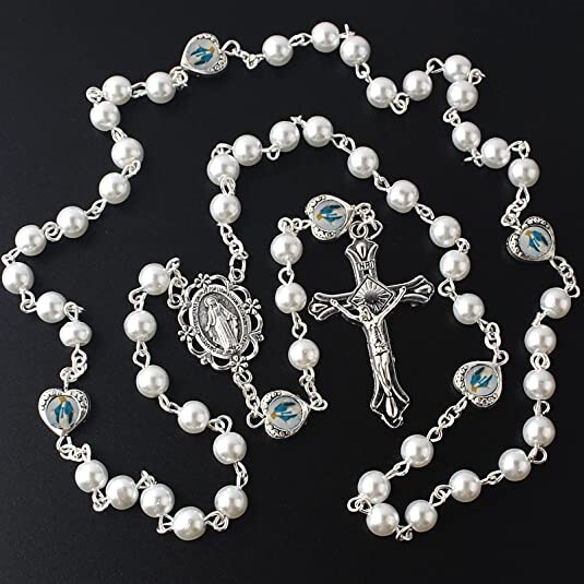 Catholic Town Glass Pearl Beads with Miraculous Epoxy Heart Metal Beads Rosary Catholic Town Glass Pearl Beads with Miraculous Epoxy Heart Metal Beads Rosary