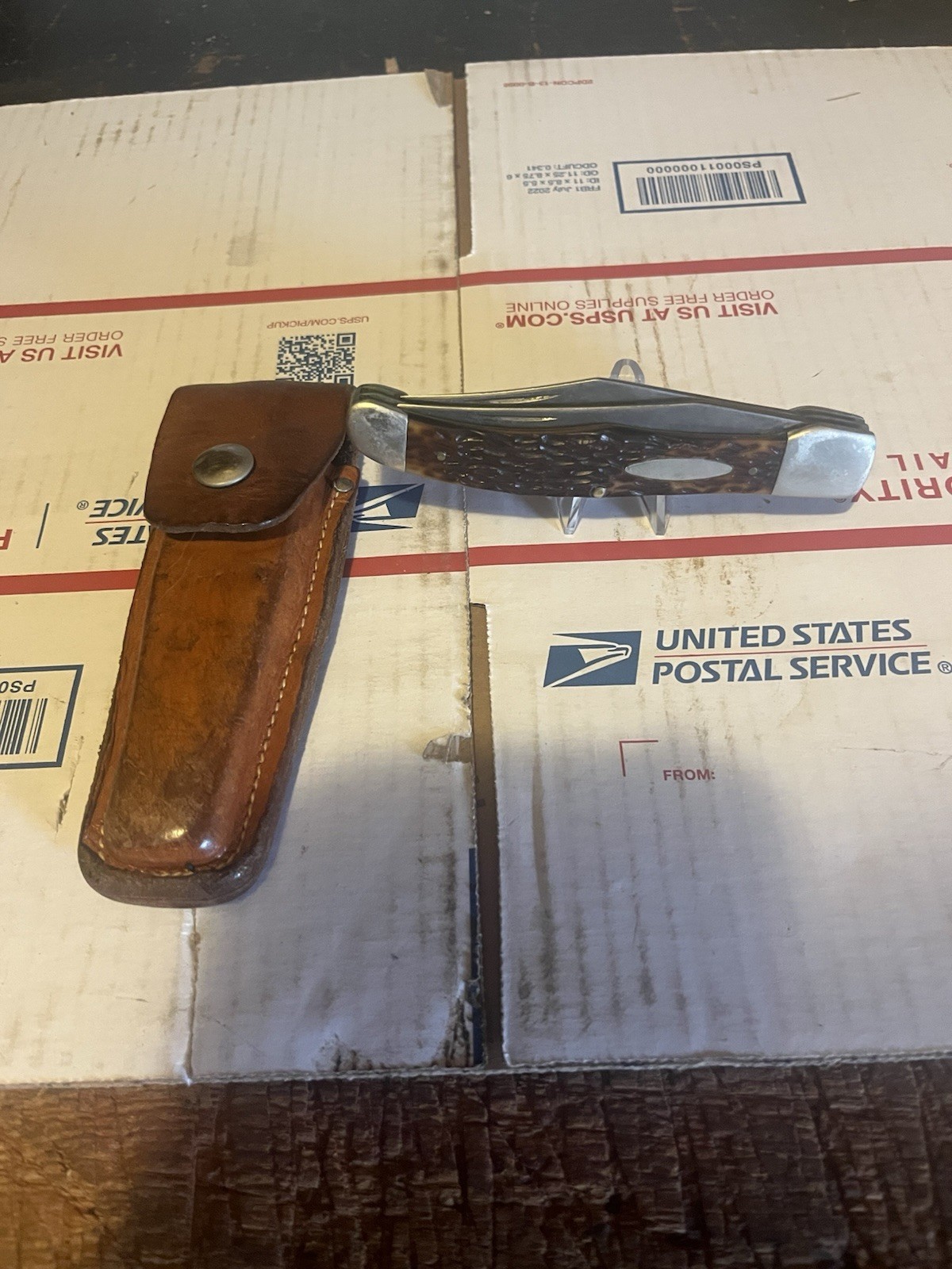 Vintage Western USA 062 Folding Hunter Knife 2 Blade w/ Leather Sheath 