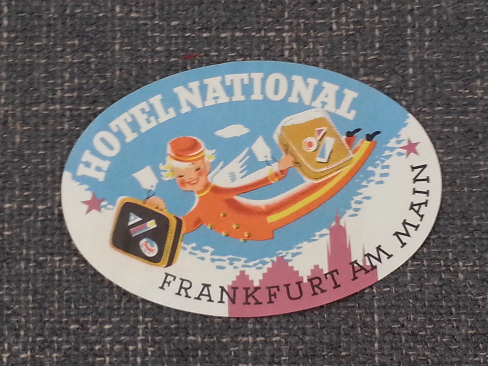 Original Vintage 1950s Luggage Hotel National Tag Label Frankfurt Germany