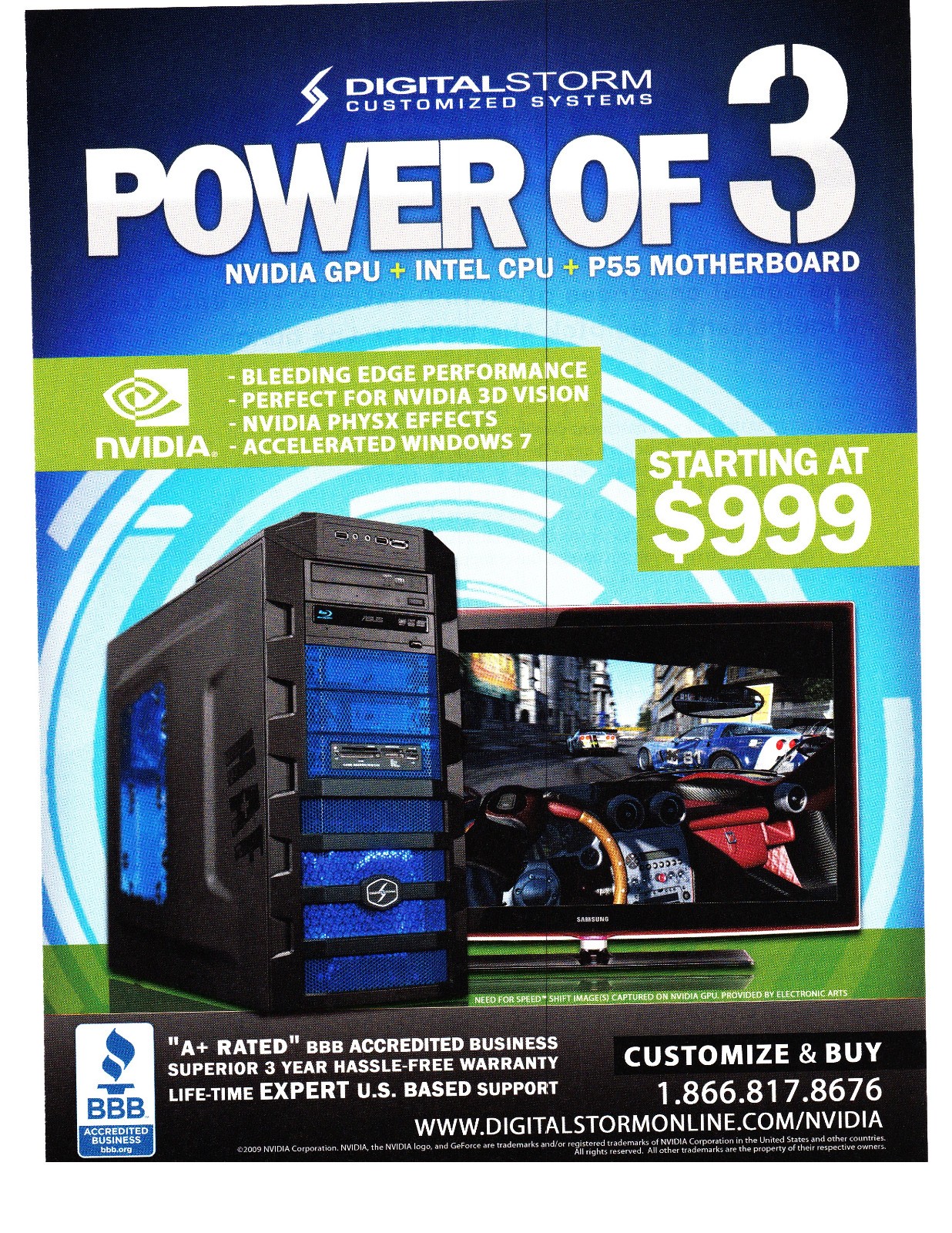 2009 Digital Storms Customized Systems Print Ad Nvidia BBB A+Rated Power of 3