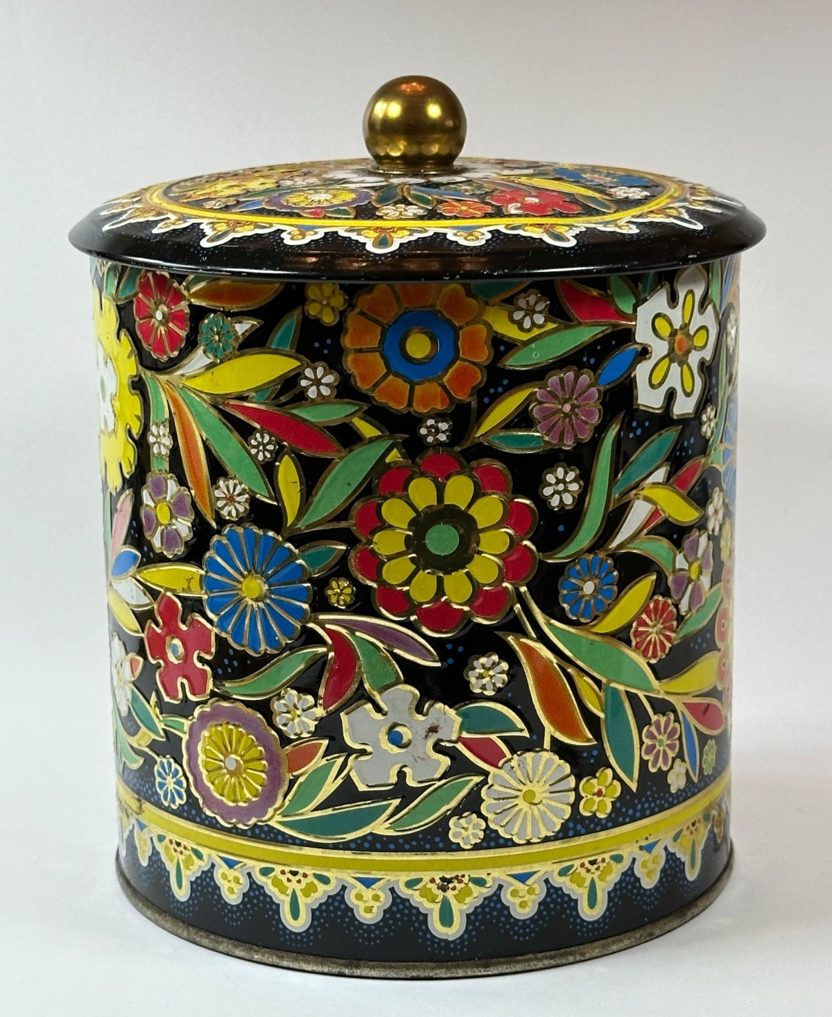 Vintage Floral Metal Canister Black Toleware Style Storage Tin with Lid Handle
