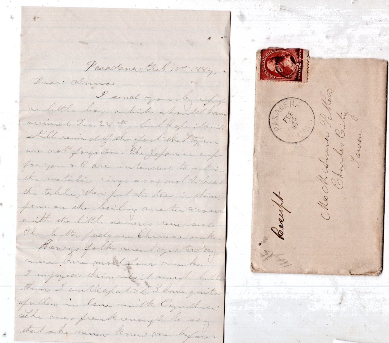 EARLY PASADENA CALIFORNIA 1884, 3 LETTERS IN ENVELOPE SENT TO IOWA  (POP: 500)