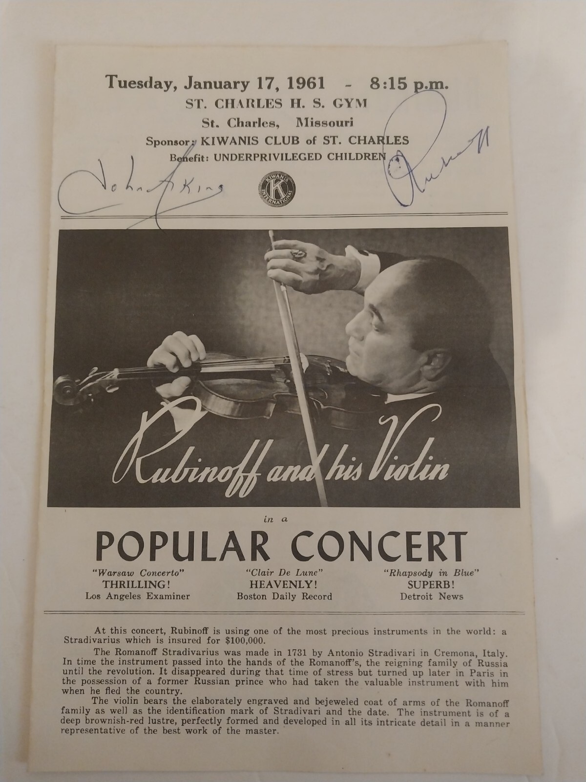 David Rubinoff violinist signed concert program 1961 St. Charles, Missouri