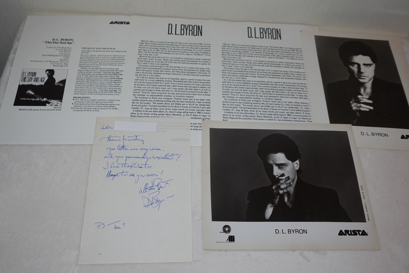 D.L. Byron SIGNED Letter Rock Arista Rare Promotional Papers & Photos Lot