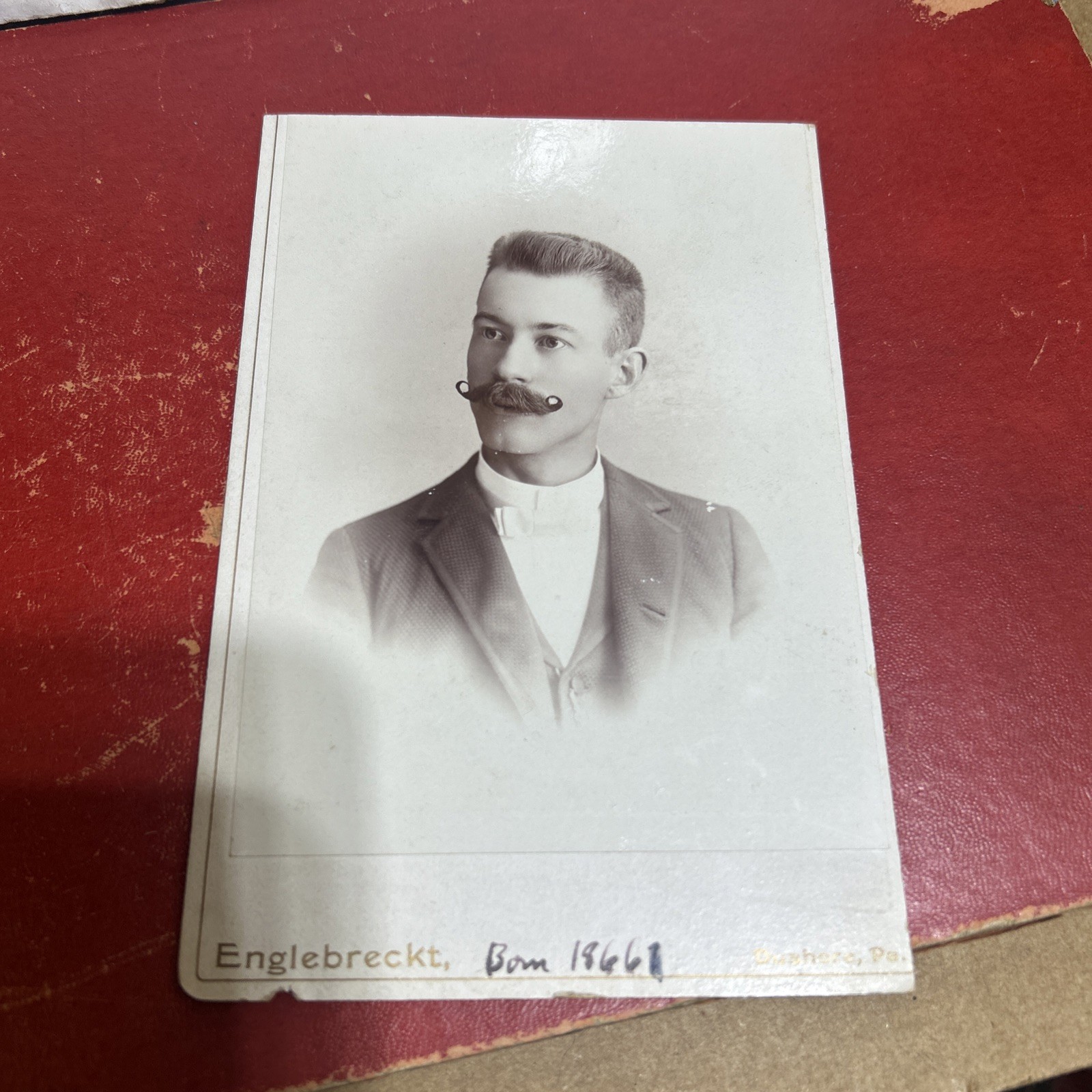 Antique Cabinet Card GENTLEMAN HANDLEBAR MUSTACHE, DUSHORE,PA NAMED