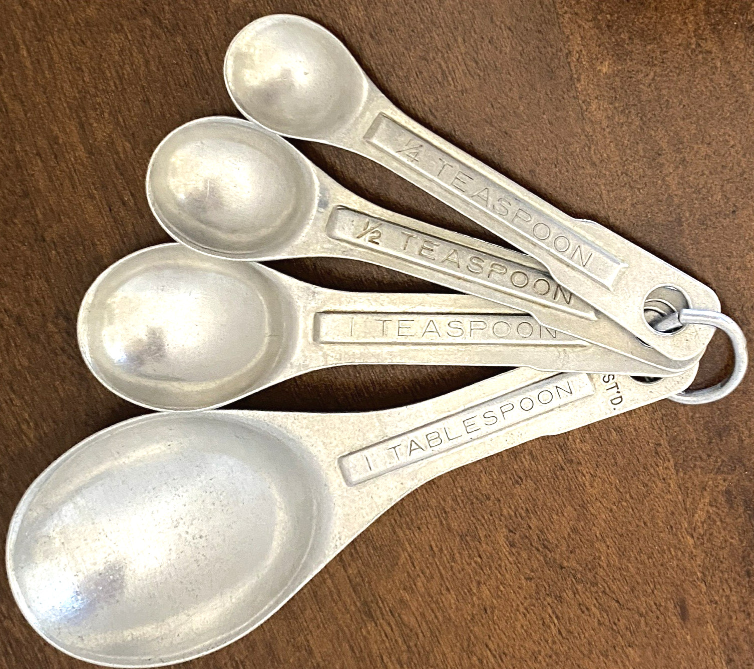 Vintage Aluminum Measuring Spoons U.S. ST'D. Set of 4 w/Original Keeper Ring