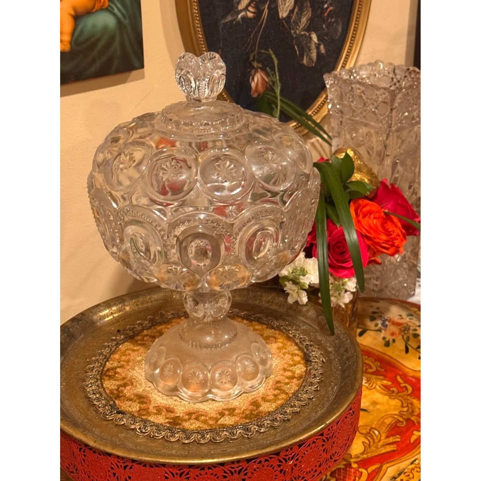 Vintage Moon & Stars Frosted Glass Covered Candy Dish Pedestal Compote with Lid