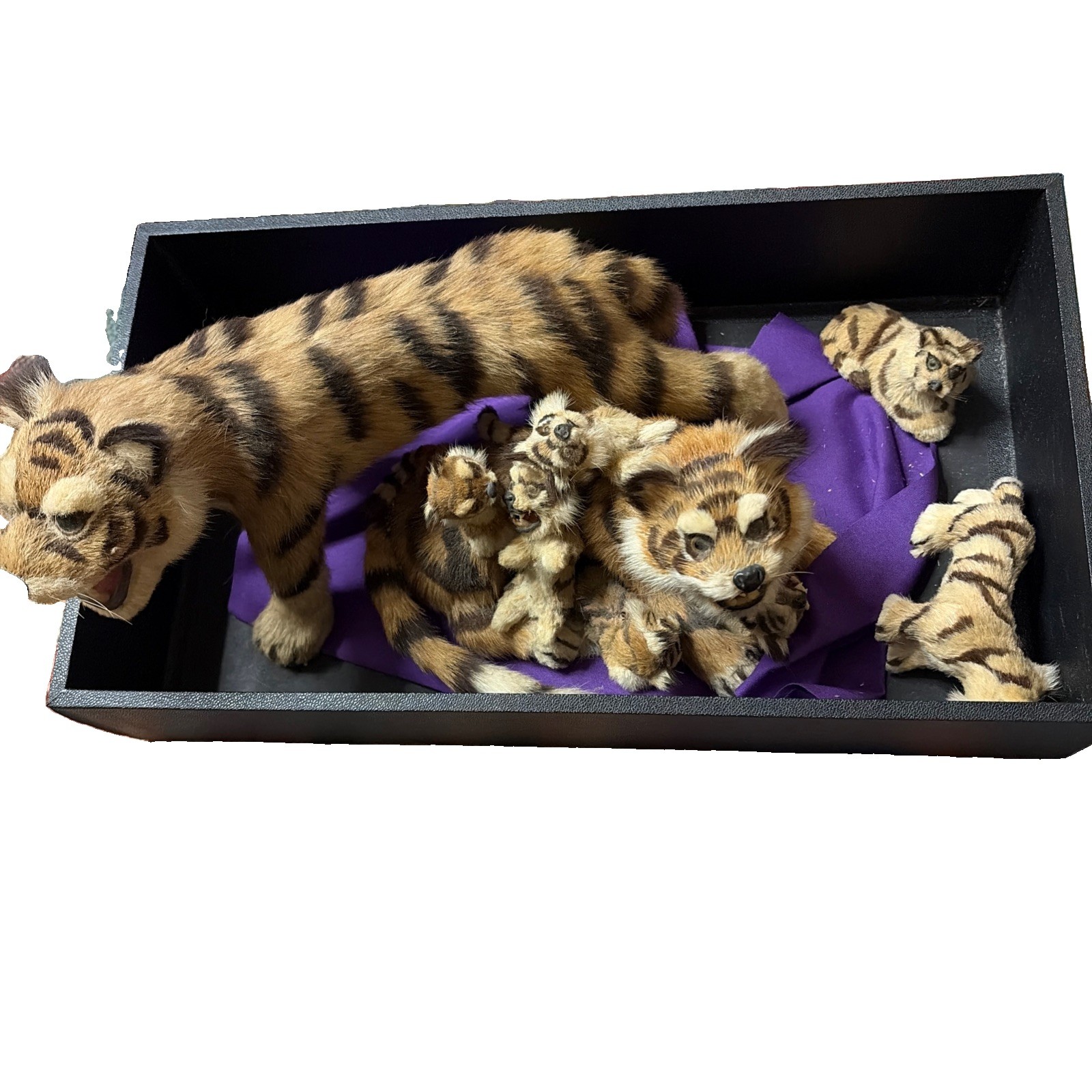 VTG Real Fur Faux Taxidermy Tiger Set Of 9 Mother Cubs Lrg Sm Rep China Figures