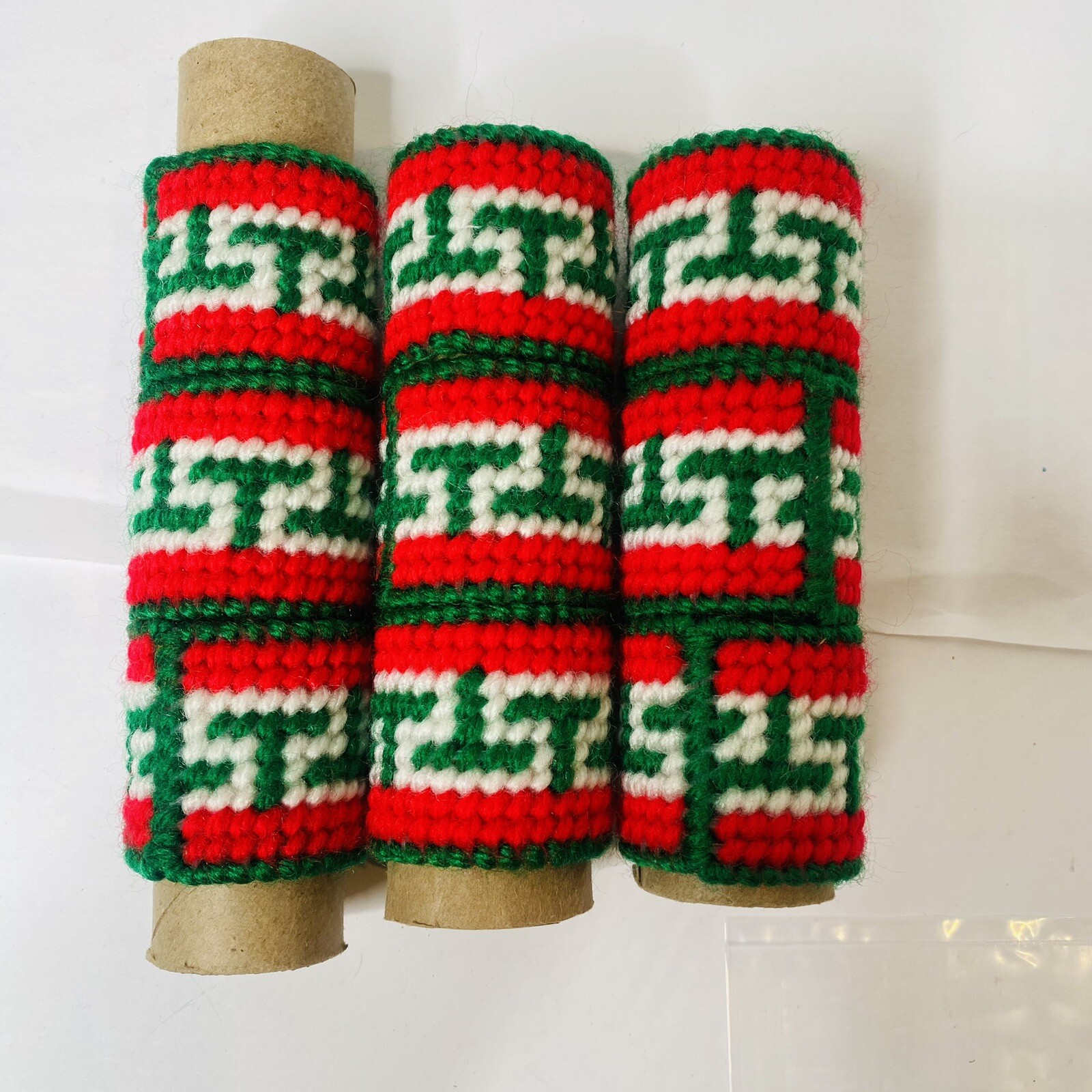 Set of 9 Vtg Handmade Crochet Napkin Ring Holders Christmas Red White Green MCM