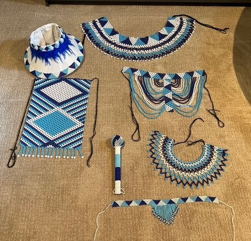 Beautiful Traditional African Beaded Outfit with Zulu Hat and Dance Wand Beautiful Traditional African Beaded Outfit with Zulu Hat and Dance Wand