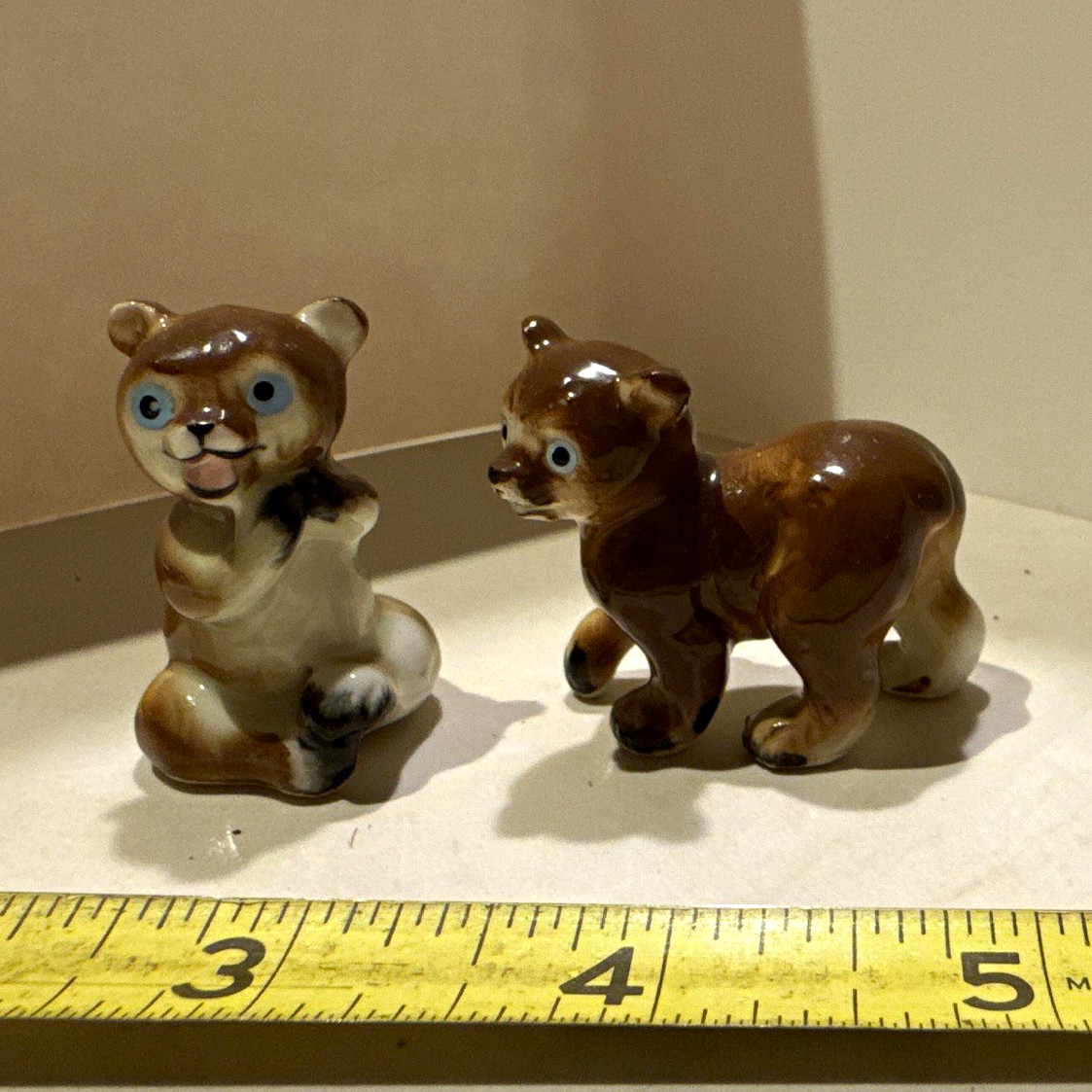 Vintage Ceramic Bear Figurine Lot Set of 2 Brown Cubs Blue Eyes Made in Japan