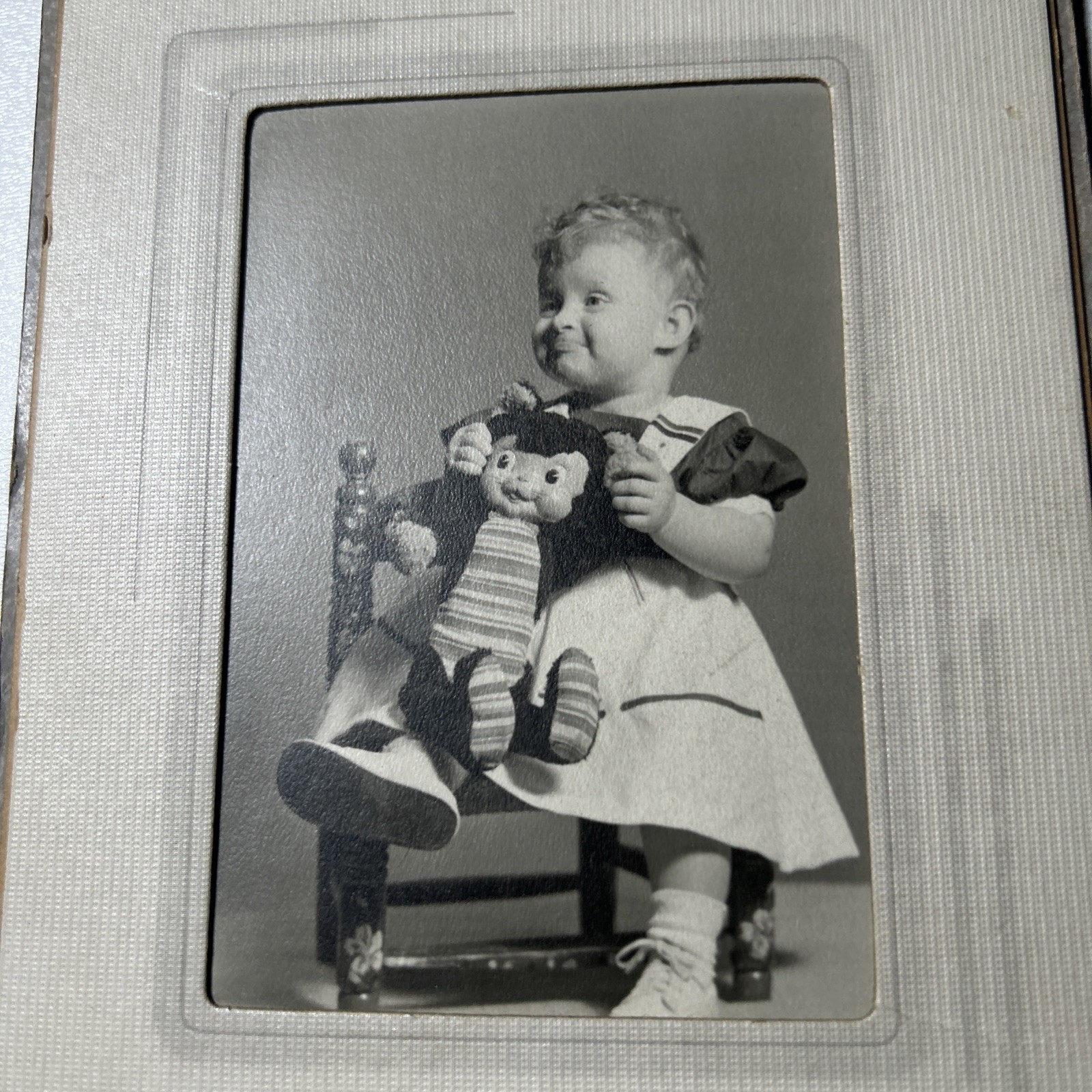 Antique Cabinet Card Baby On Chair w/ Stuffed Animal Creepy Van Wert Ohio Named